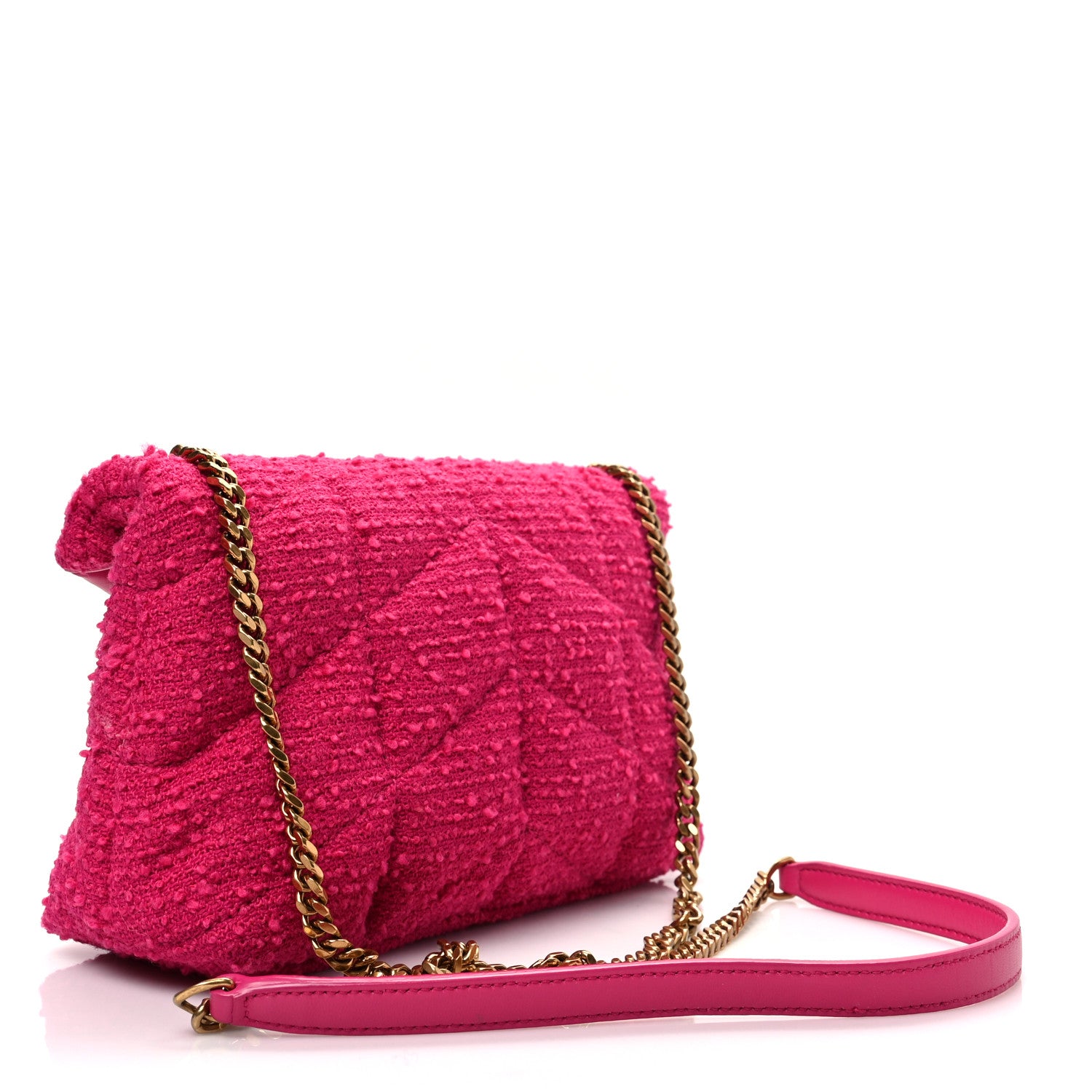 Saint Laurent Boucle Tweed Quilted Toy Loulou Puffer Monogram Chain Satchel Magenta 3 of 7