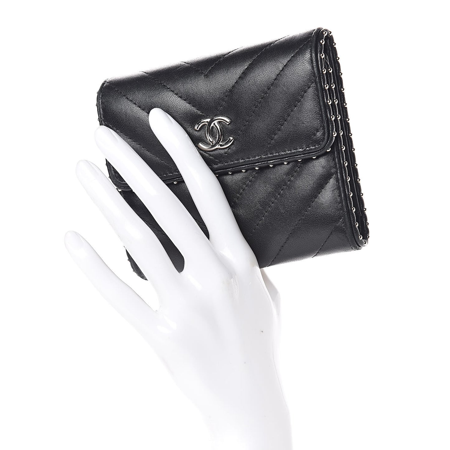 Lambskin Chevron Quilted Studded Compact Flap Wallet Black