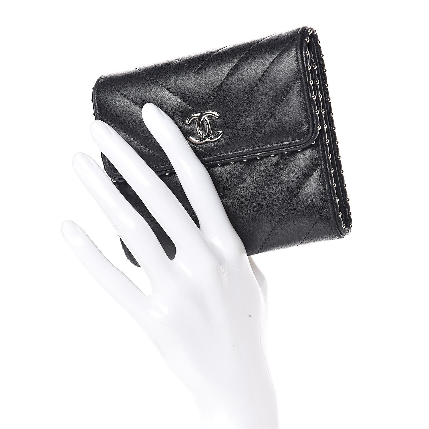 Chanel Lambskin Chevron Quilted Studded Compact Flap Wallet Black 2 of 12