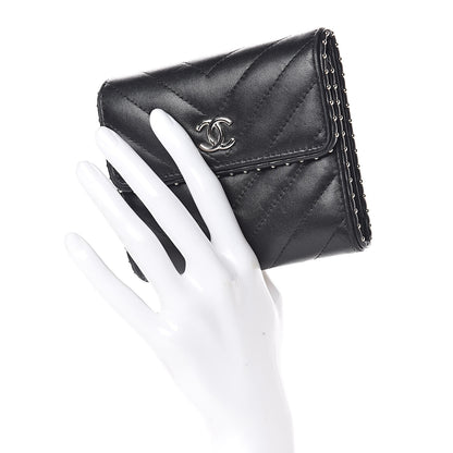 Chanel Lambskin Chevron Quilted Studded Compact Flap Wallet Black 2 of 12