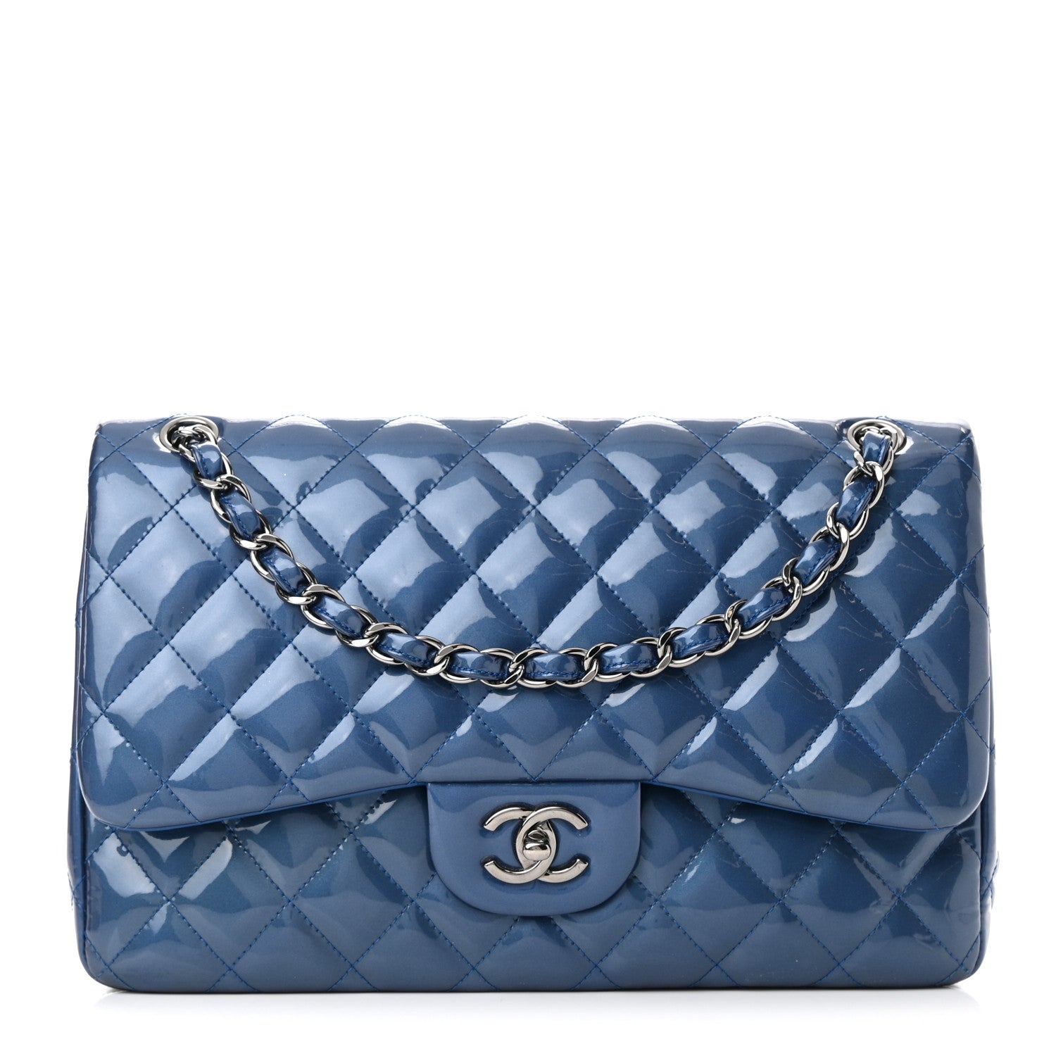 Chanel Patent Quilted Jumbo Double Flap Blue 1 of 13