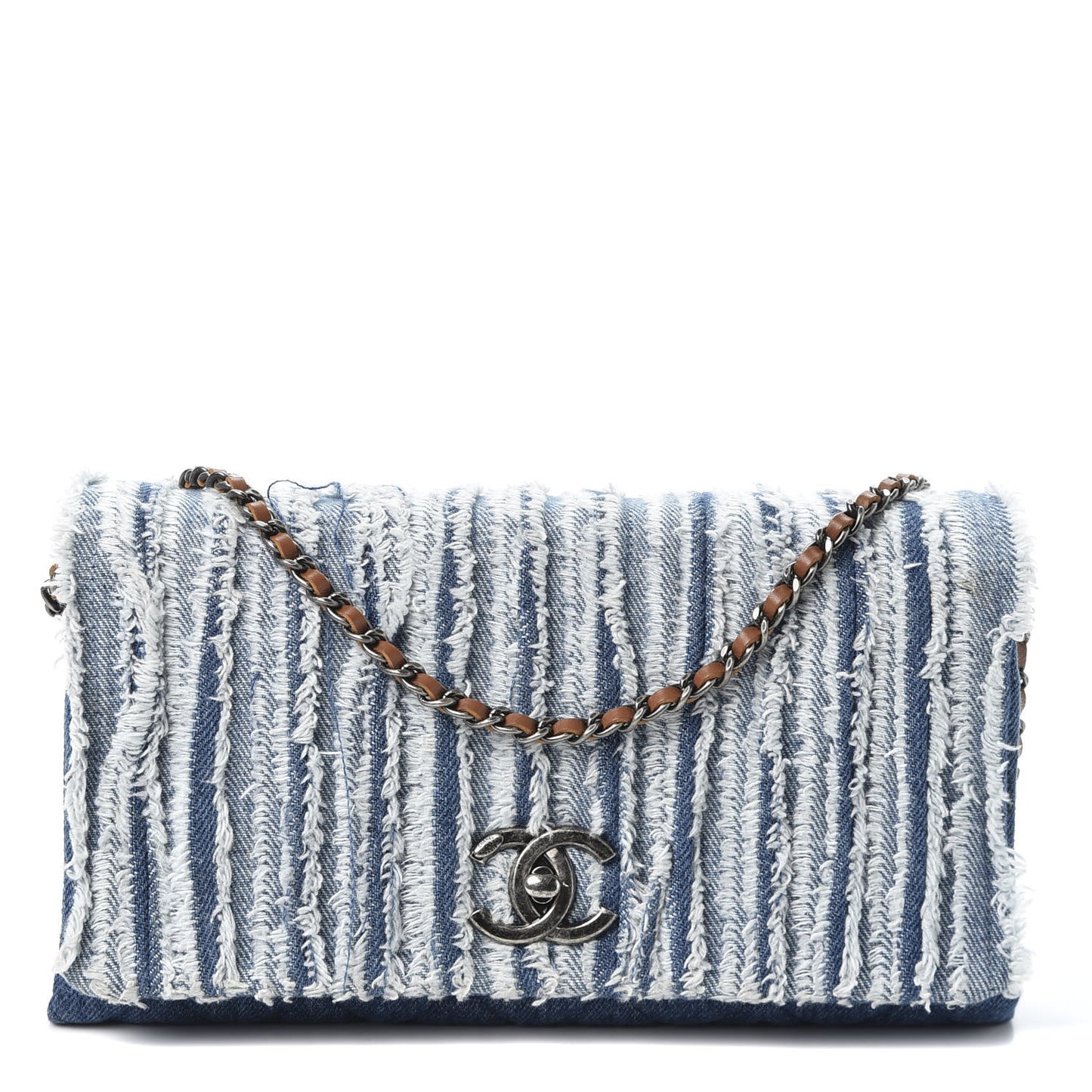 Denim Fringe Medium Single Flap Bag Blue