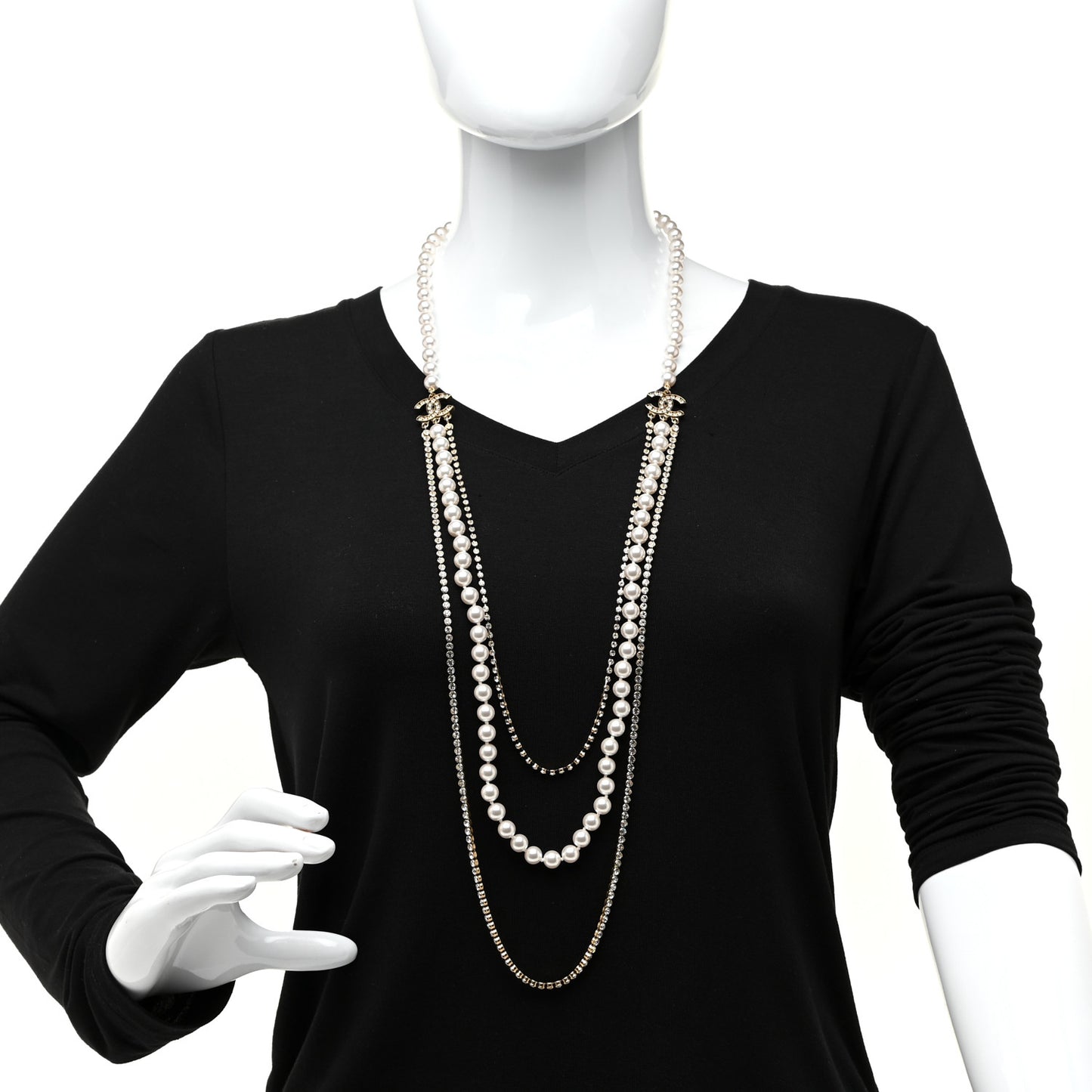Pearl Crystal Multi Strand CC Long Necklace Gold