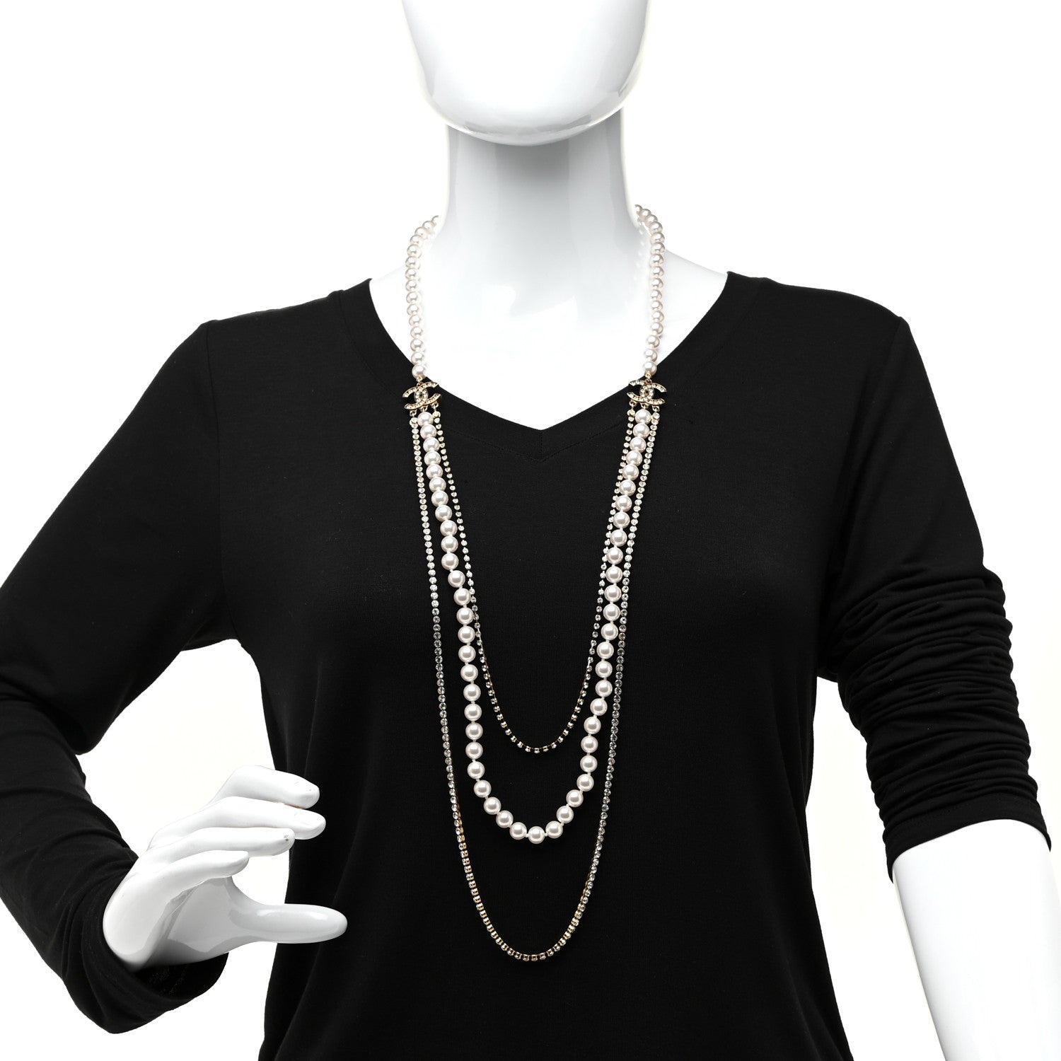 Chanel Pearl Crystal Multi Strand CC Long Necklace Gold 2 of 4