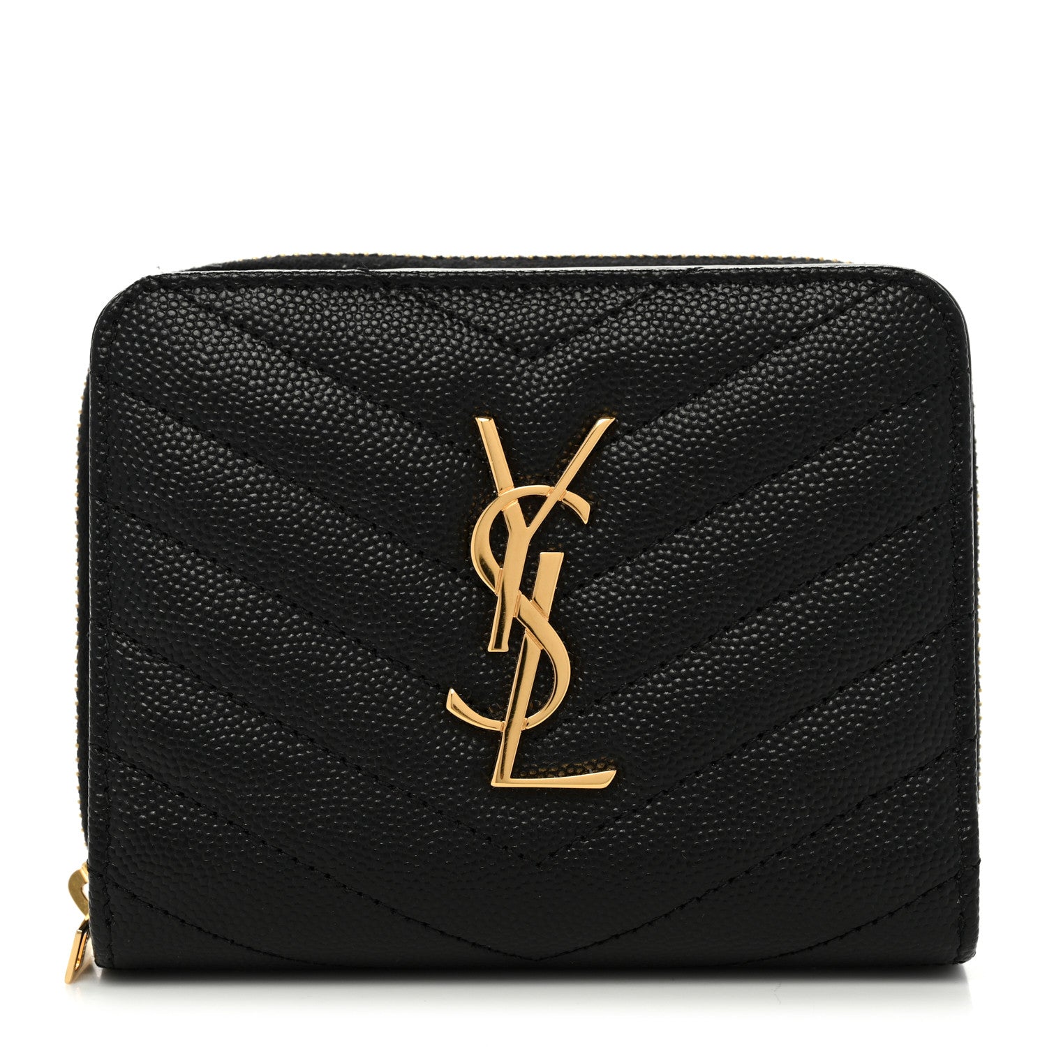 Saint Laurent Grain De Poudre Matelasse Chevron Monogram Compact Zip Around Wallet Black 1 of 7