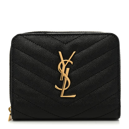 Saint Laurent Grain De Poudre Matelasse Chevron Monogram Compact Zip Around Wallet Black 1 of 7