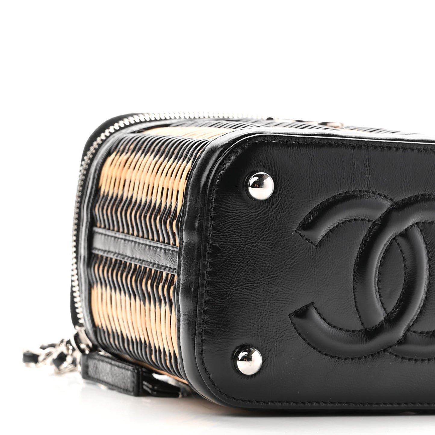 Calfskin Raffia Small Vanity Case Bag Black Beige