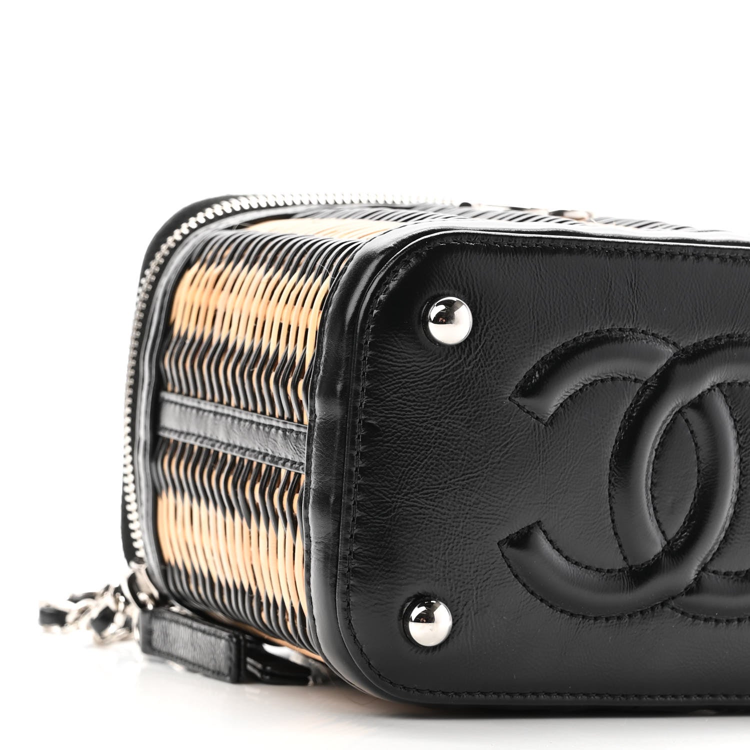Chanel Calfskin Raffia Small Vanity Case Bag Black Beige 9 of 10