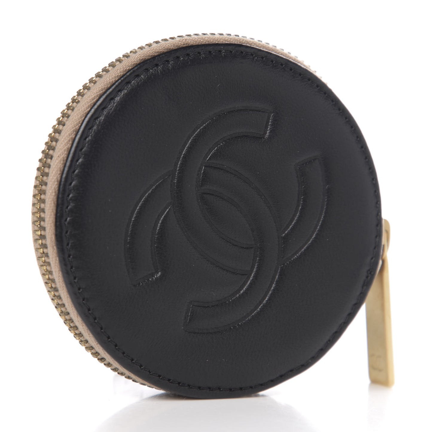 Lambskin Round Camellia CC Coin Purse Black