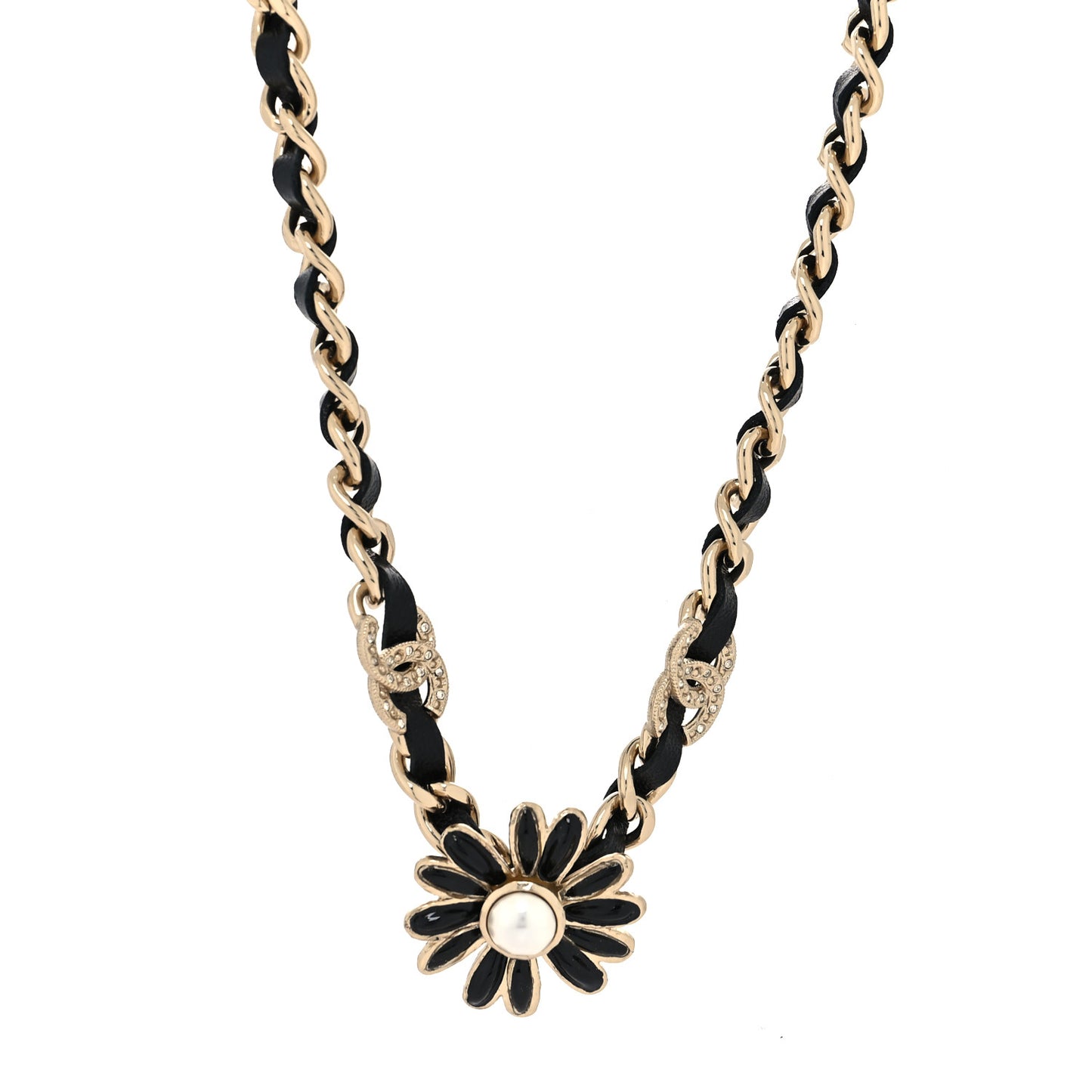 Lambskin Crystal Pearl CC Daisy Choker Gold Black White