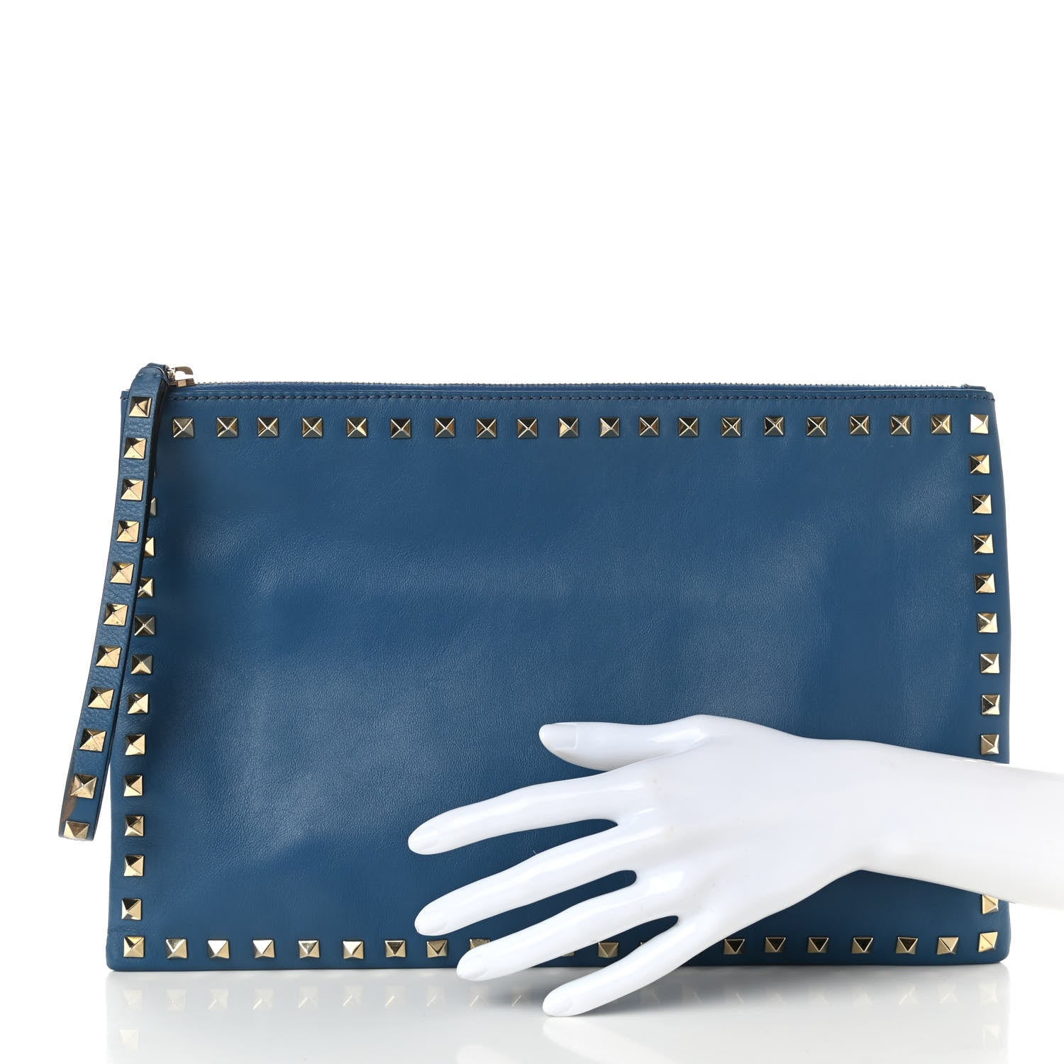 Valentino Garavani Vitello Large Rockstud Zip Wristlet Pouch Blu Delft 2 of 9