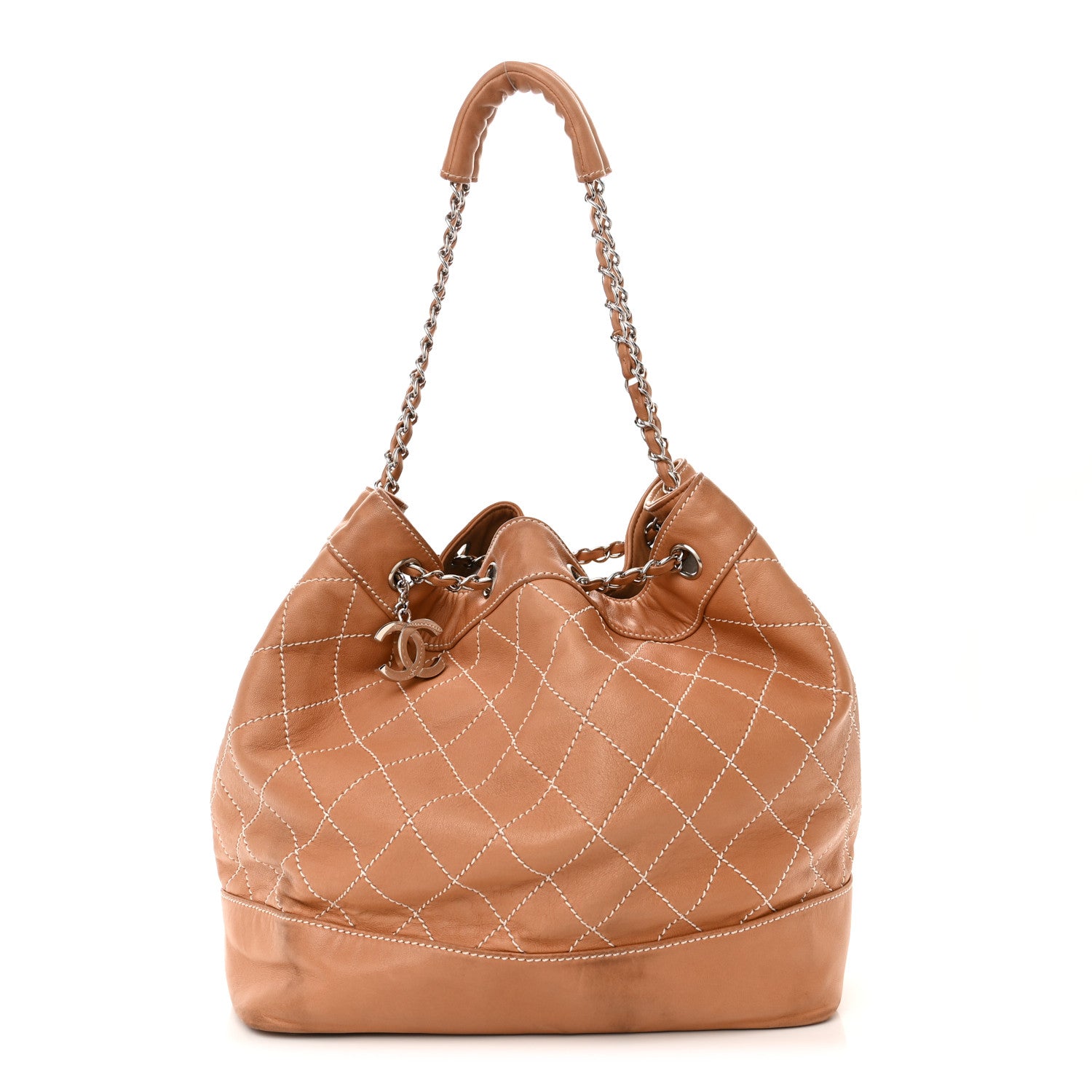 Chanel Lambskin Contrast Stitch Large Drawstring Tote Dark Beige 1 of 12