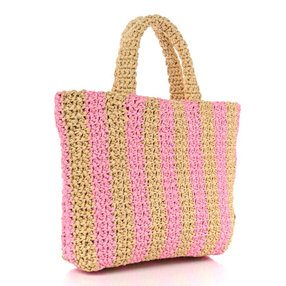 Prada Yarn Raffia Effect Crochet Striped Small Logo Tote Naturale Petalo 3 of 10
