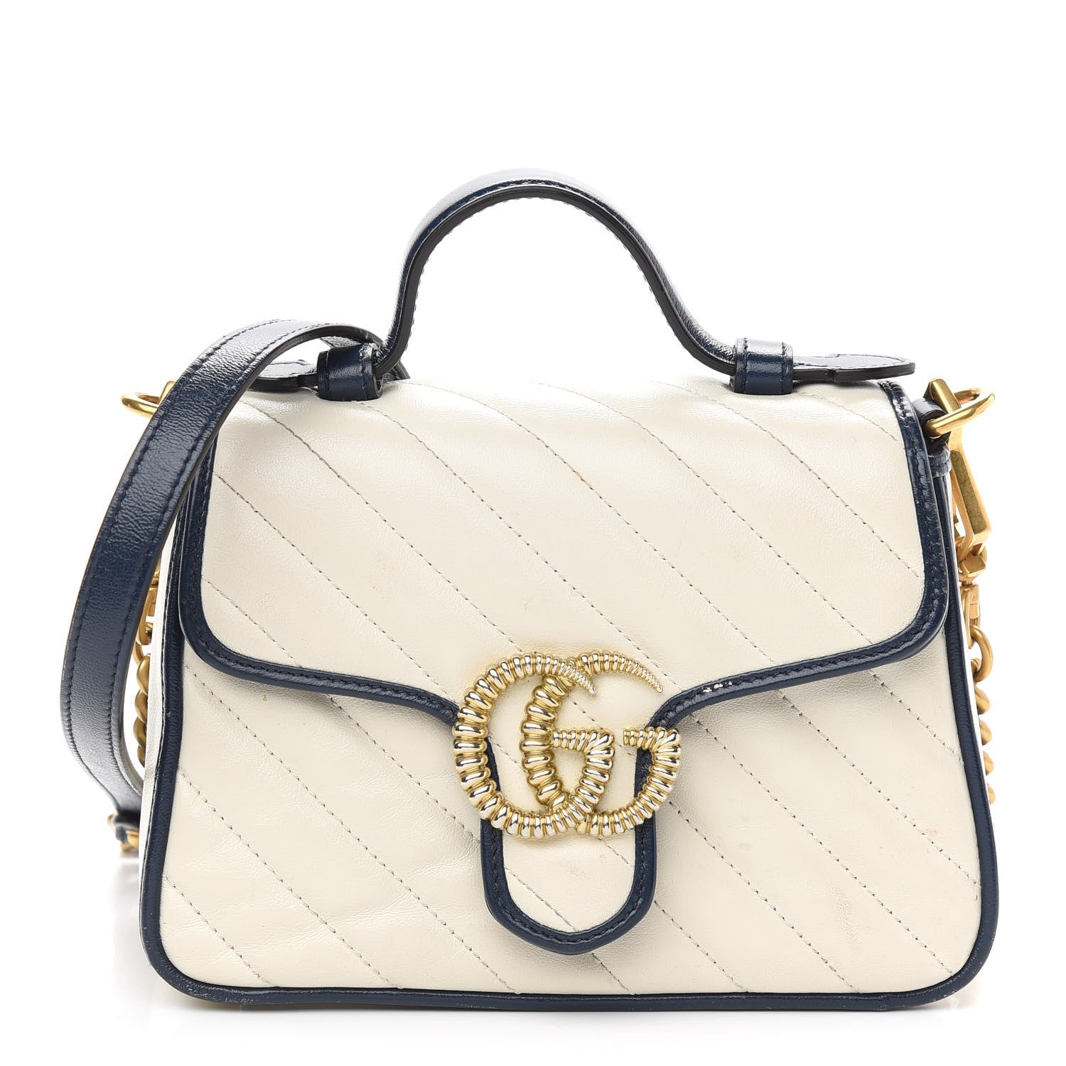 Gucci Vintage Effect Calfskin Matelasse Diagonal Mini Torchon GG Marmont Top Handle Shoulder Bag Mystic White Blue Agata 1 of 9