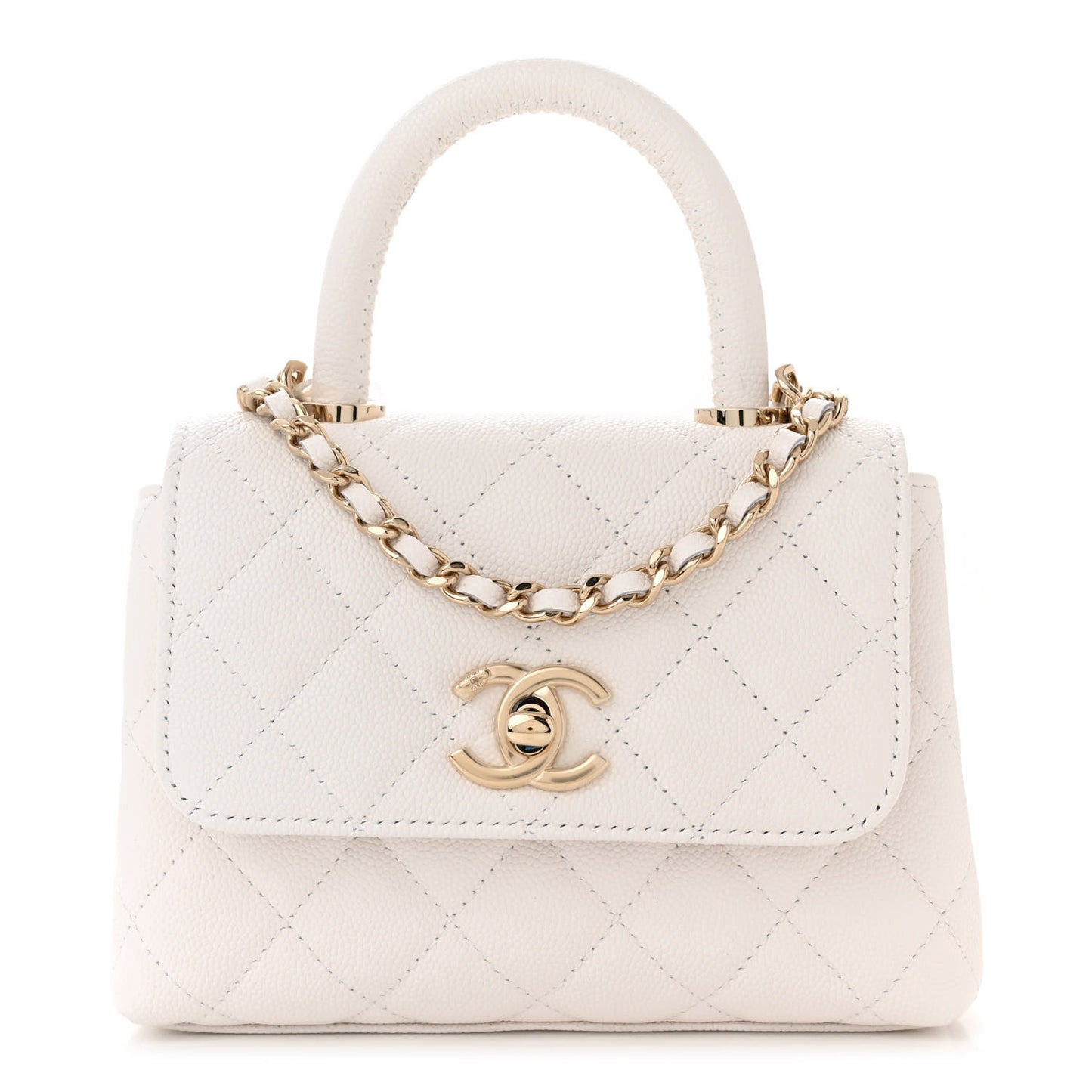 Caviar Quilted Coco Handle Clutch With Chain White