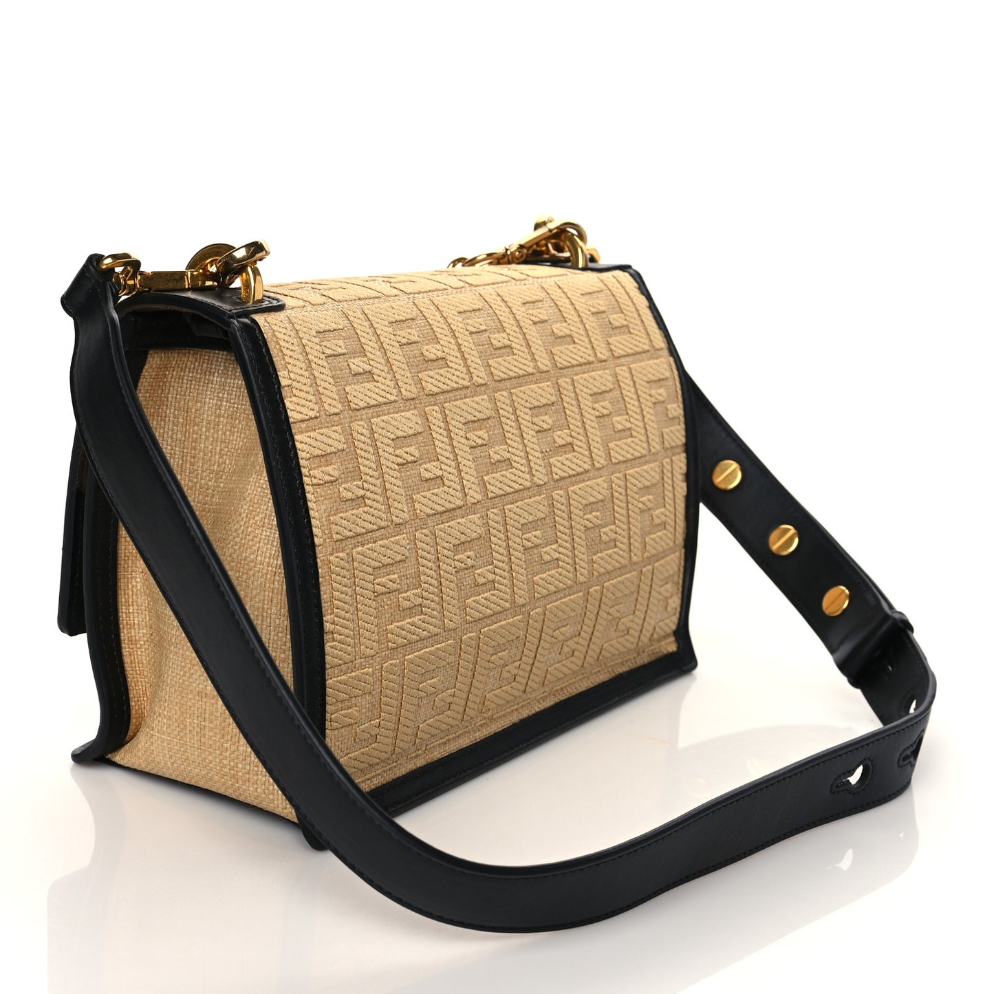 Raffia Calfskin F is Fendi FF Embroidered Kan U Shoulder Bag Grano Black