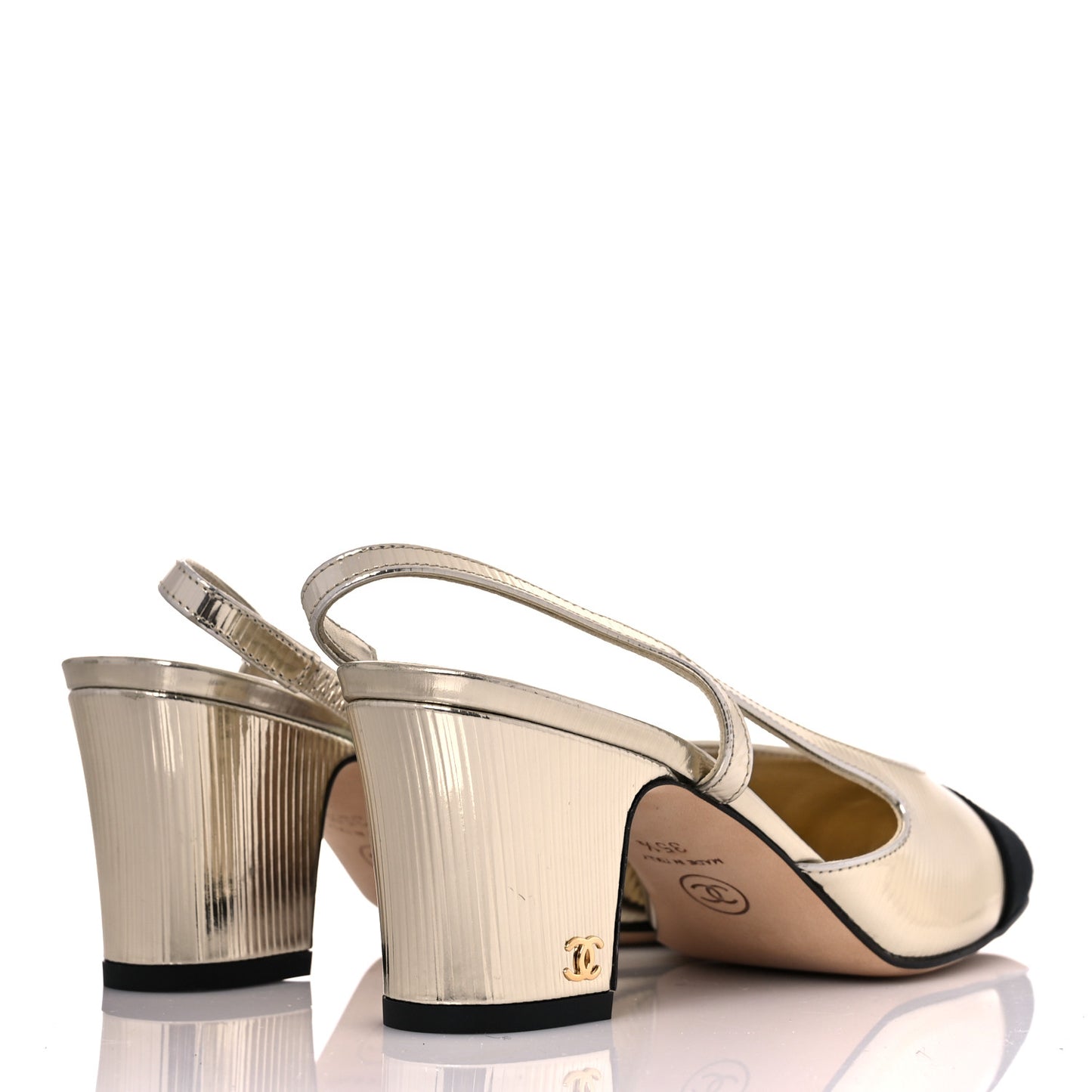 Metallic Calfskin Grosgrain Cap Toe CC Slingback Sandals 35.5 Gold Black