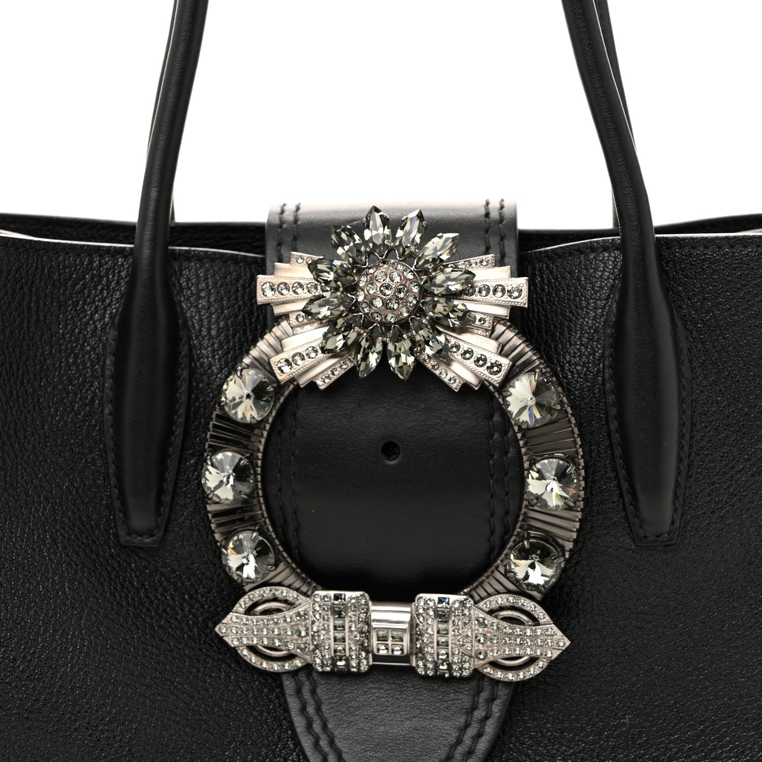 Miu Miu Goatskin Madras Soft Calf Crystal Embellished Tote Black 9 of 14