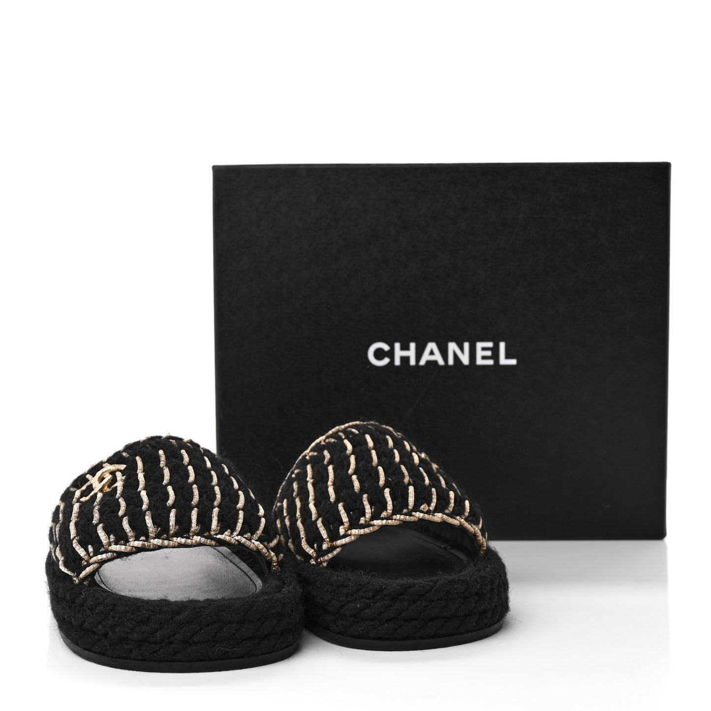 Braided Knit CC Mules 39 Black Gold