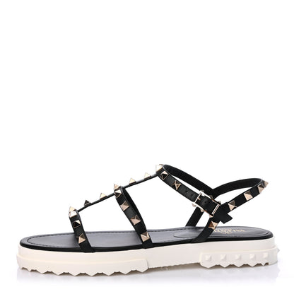 Valentino Garavani Calfskin Bedrock Rockstud Ankle Flat Sandals 40 Black 1 of 4