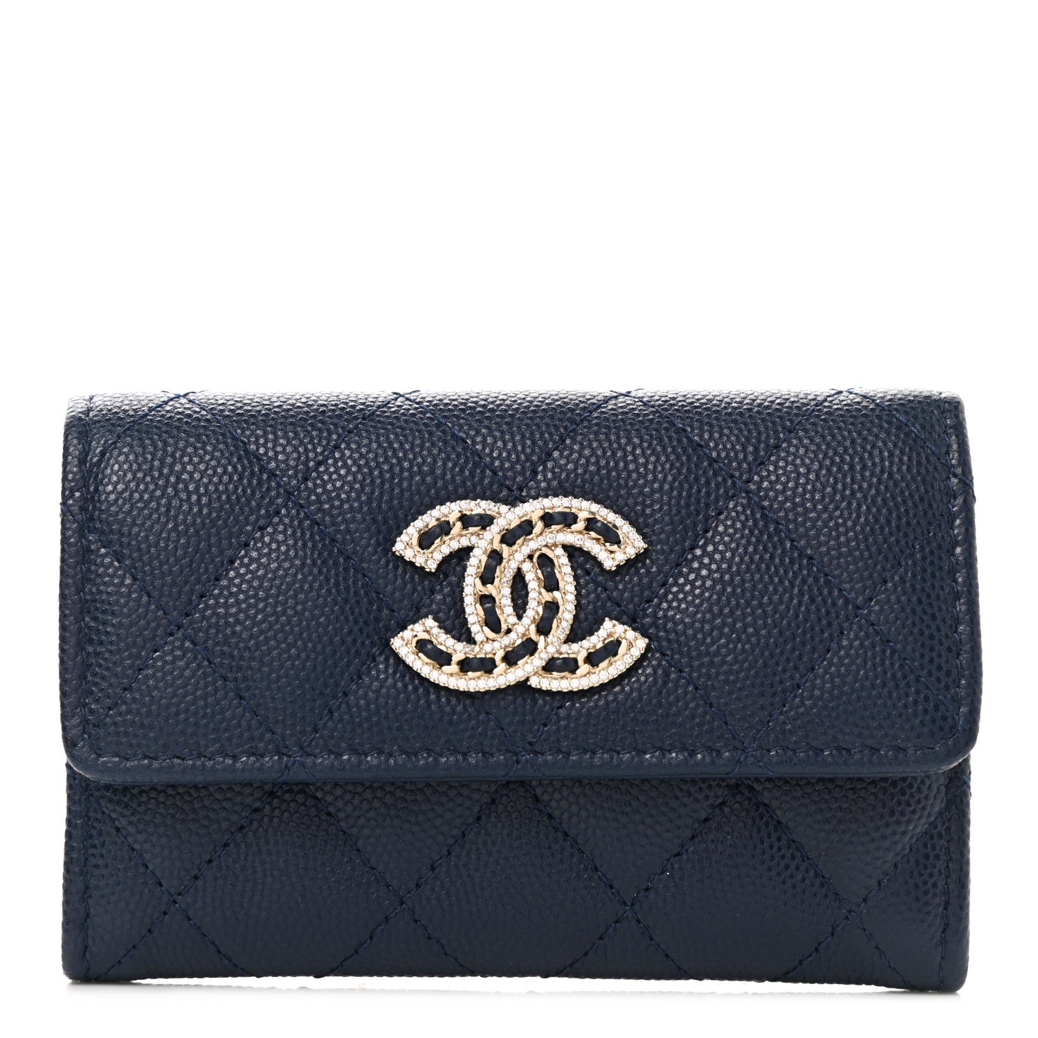 Chanel Caviar Quilted Crystal CC Flap Card Holder Navy Blue 1 of 7