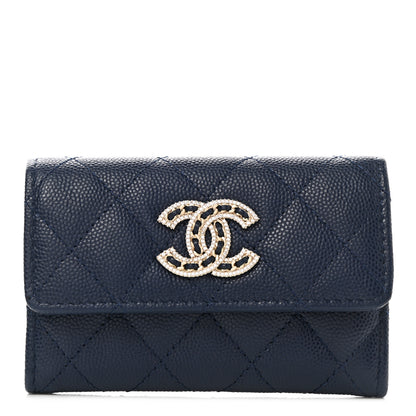 Chanel Caviar Quilted Crystal CC Flap Card Holder Navy Blue 1 of 7