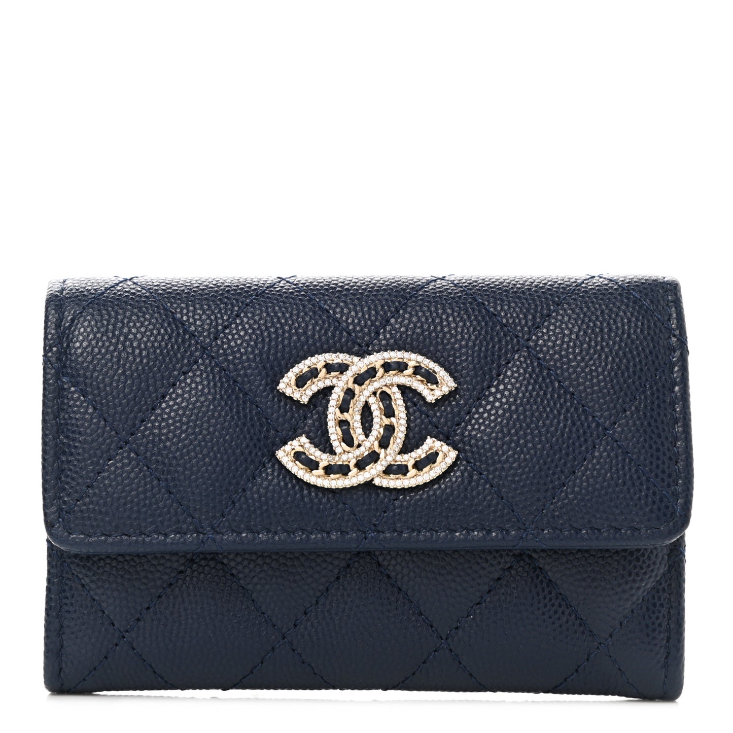 Caviar Quilted Crystal CC Flap Card Holder Navy Blue