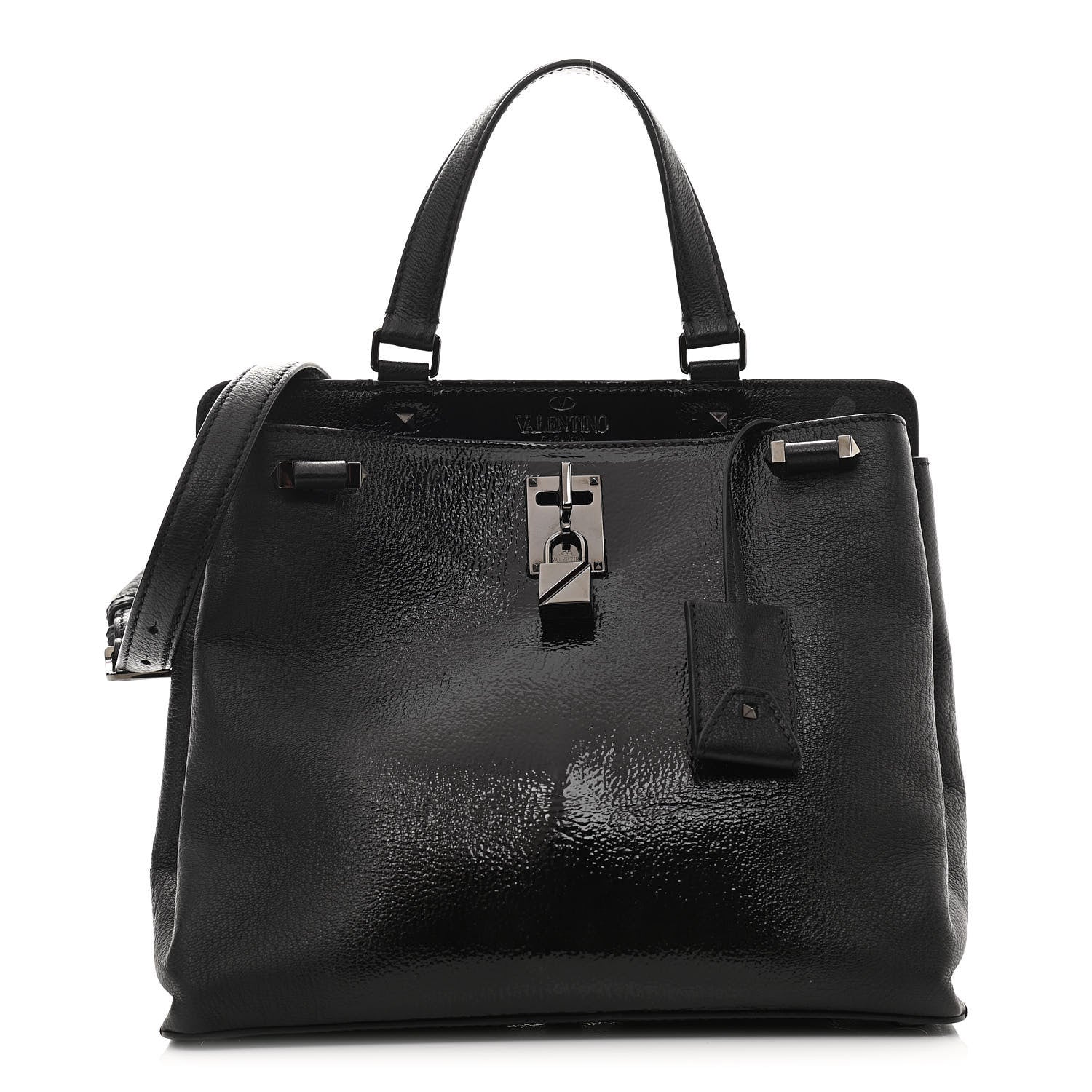 Valentino Garavani Patent Pebbled Calfskin Medium JoyLock Satchel Black 1 of 11
