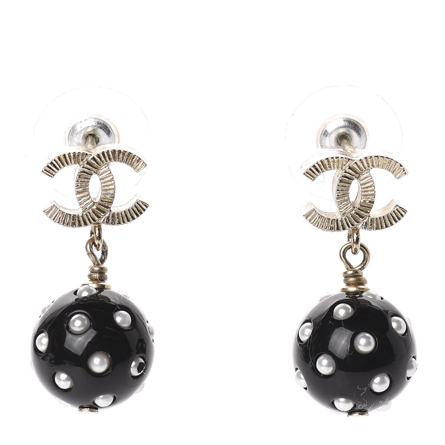 CC Bead Pearl Drop Earrings Gold Black