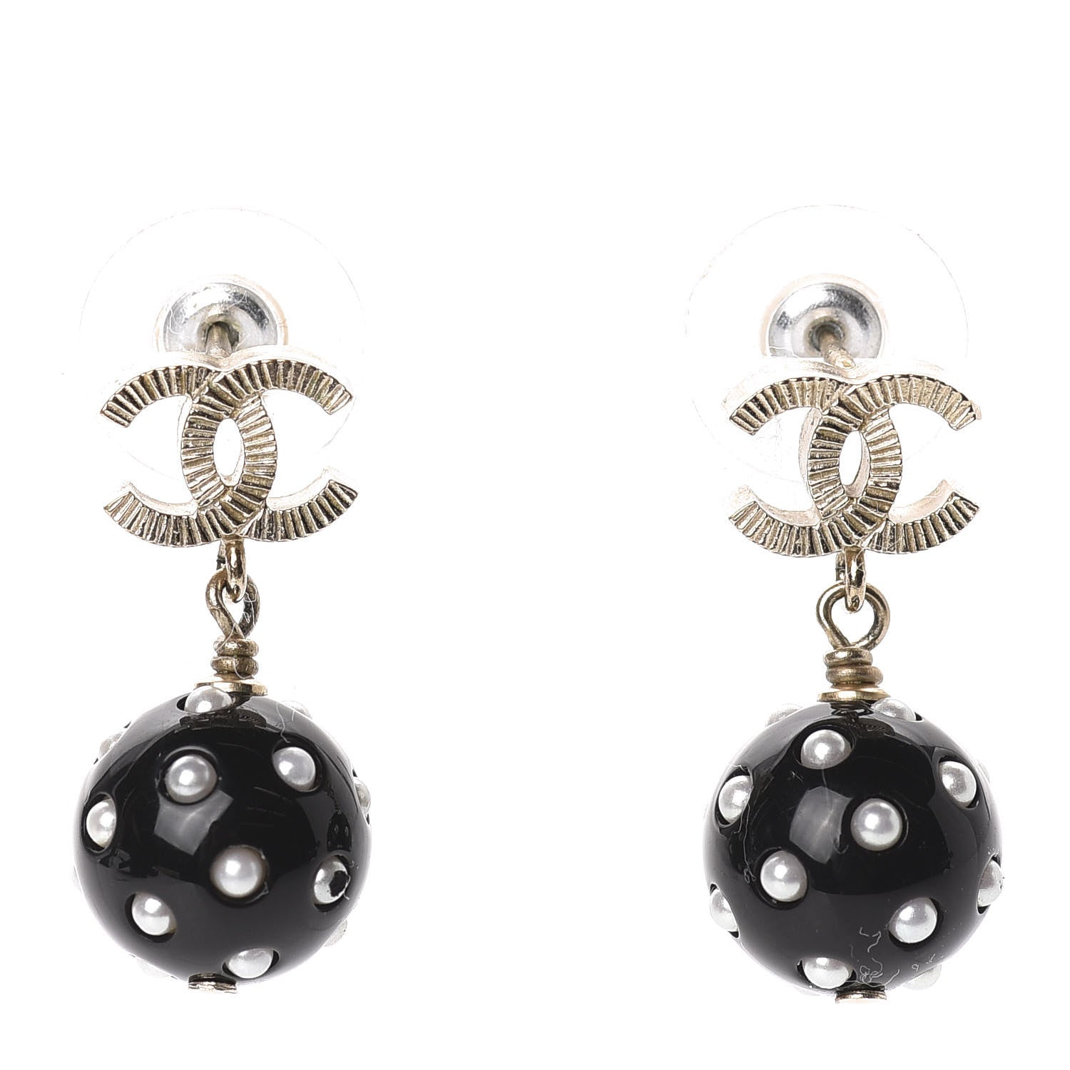Chanel CC Bead Pearl Drop Earrings Gold Black 1 of 4