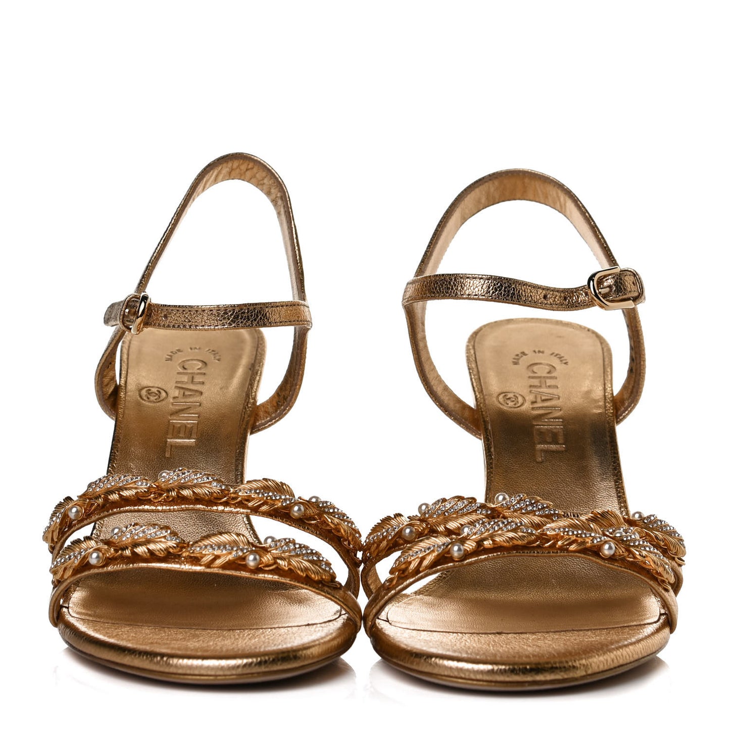 Aged Metallic Calfskin Pearl Crystal Sandals 37.5 Gold