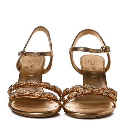 Chanel Aged Metallic Calfskin Pearl Crystal Sandals 37.5 Gold 2 of 11