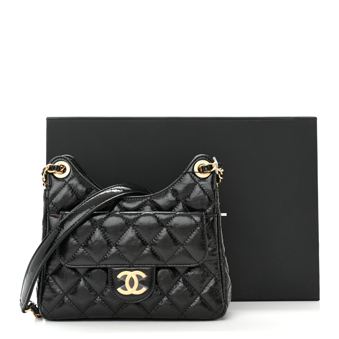 Shiny Crumpled Calfskin Quilted Small Wavy CC Hobo Black