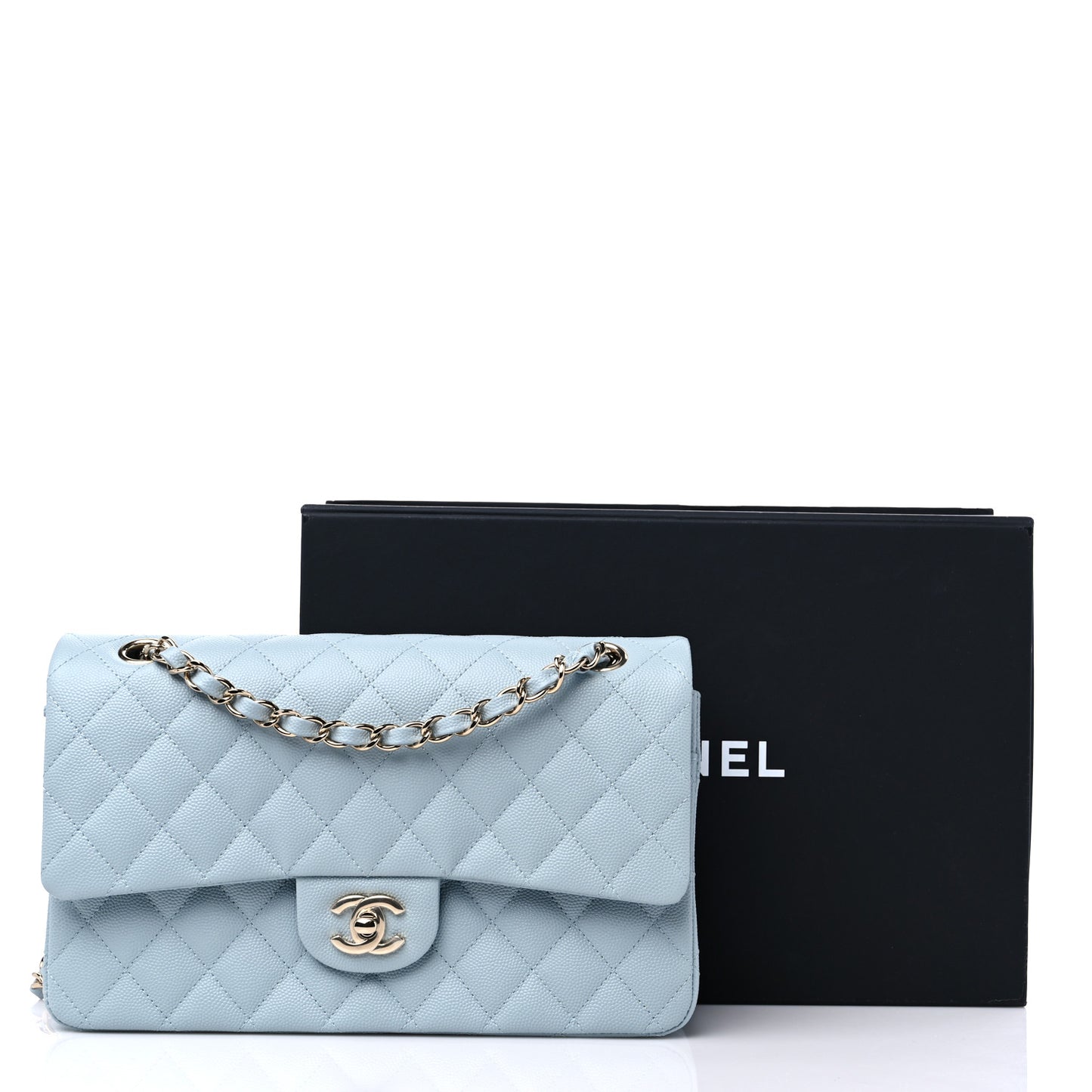 Caviar Quilted Medium Double Flap Light Blue