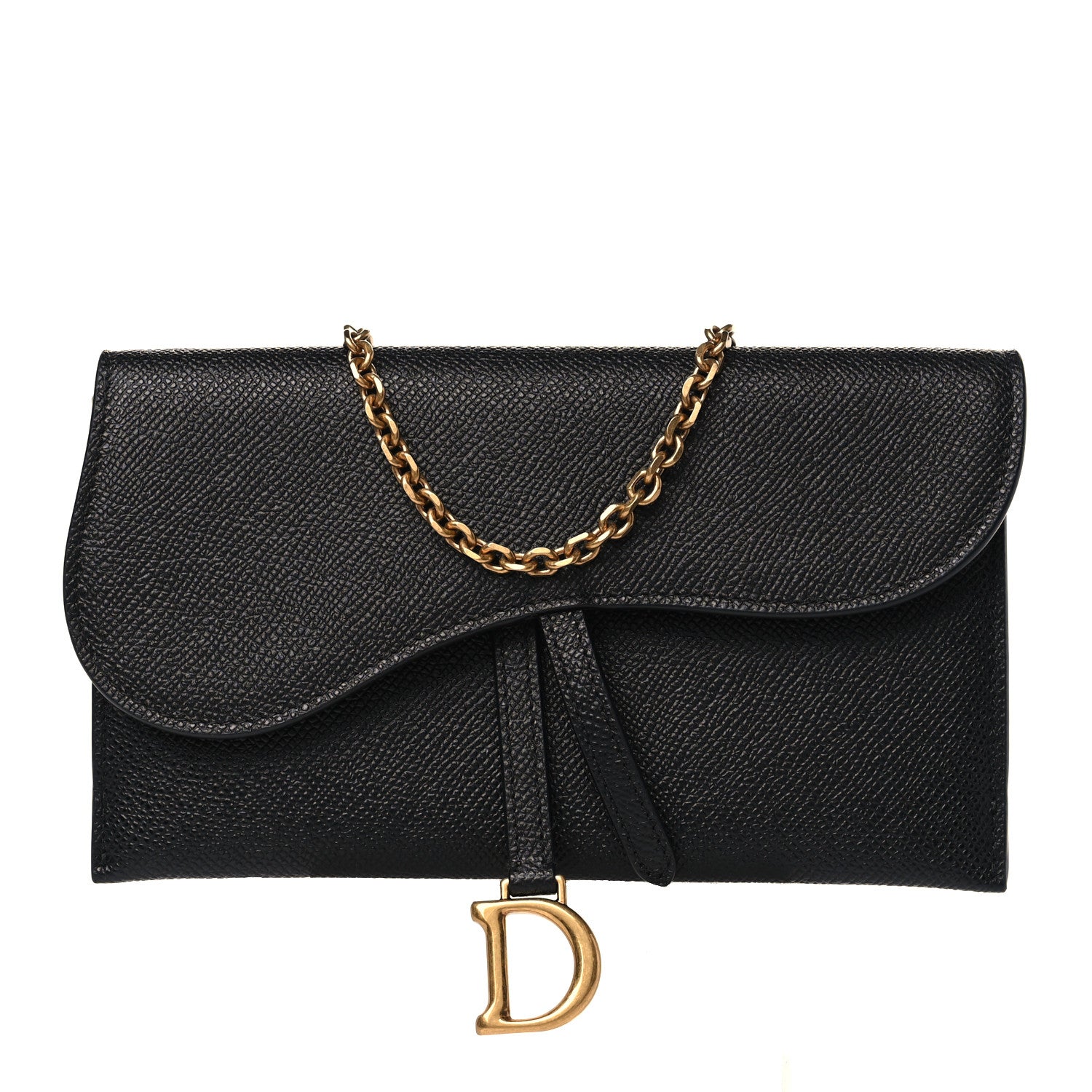 Christian Dior Grained Calfskin Saddle Chain Wallet Pouch Black 1 of 10