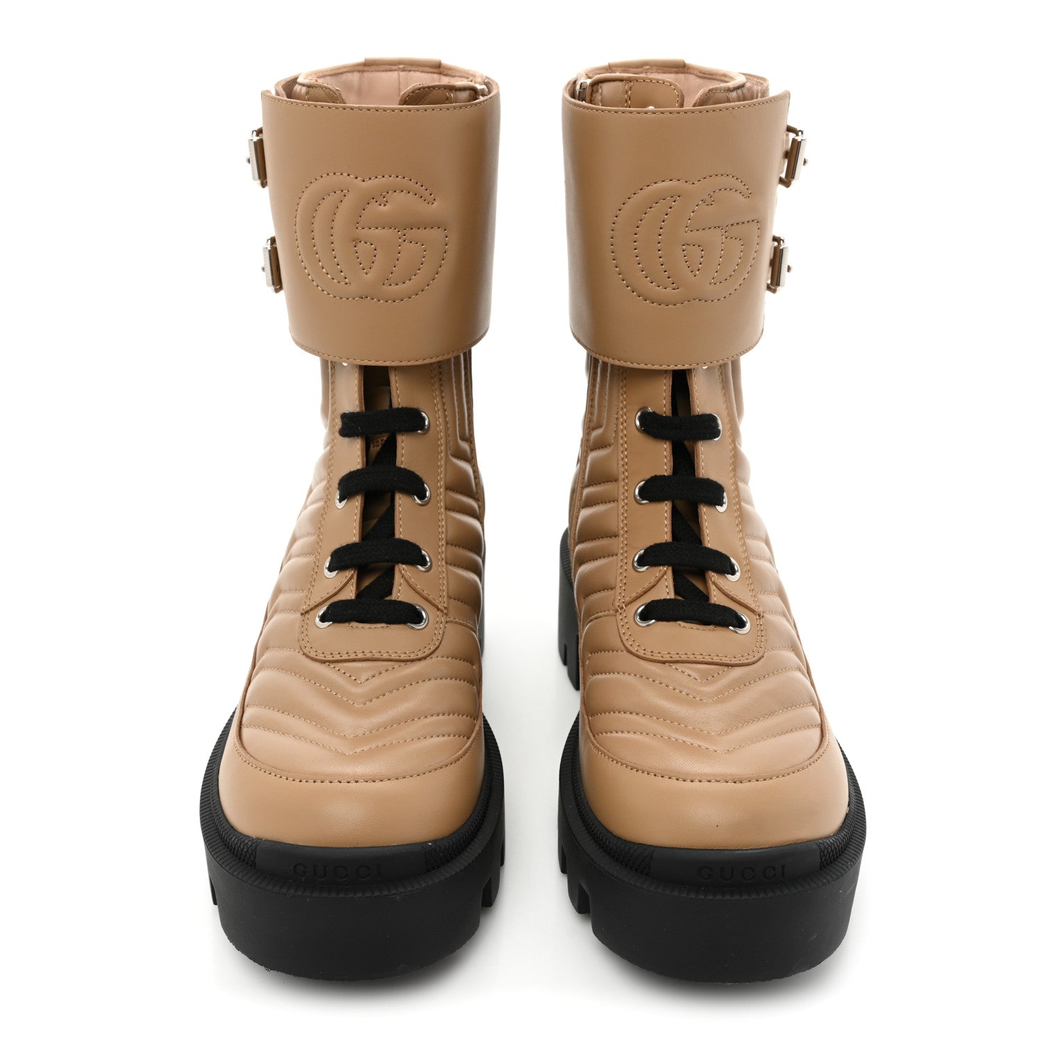 Gucci Nappa Frances GG Matelasse Platform Combat Boots 36 Natural Tan 2 of 9