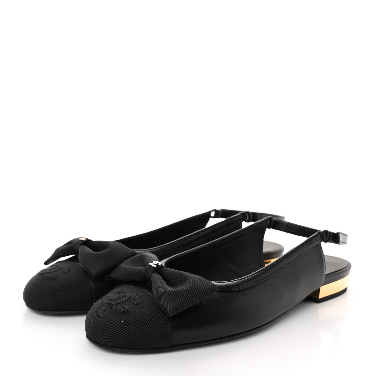 Lambskin Grosgrain Bow Cap Toe CC Slingback Flats 36.5 Black
