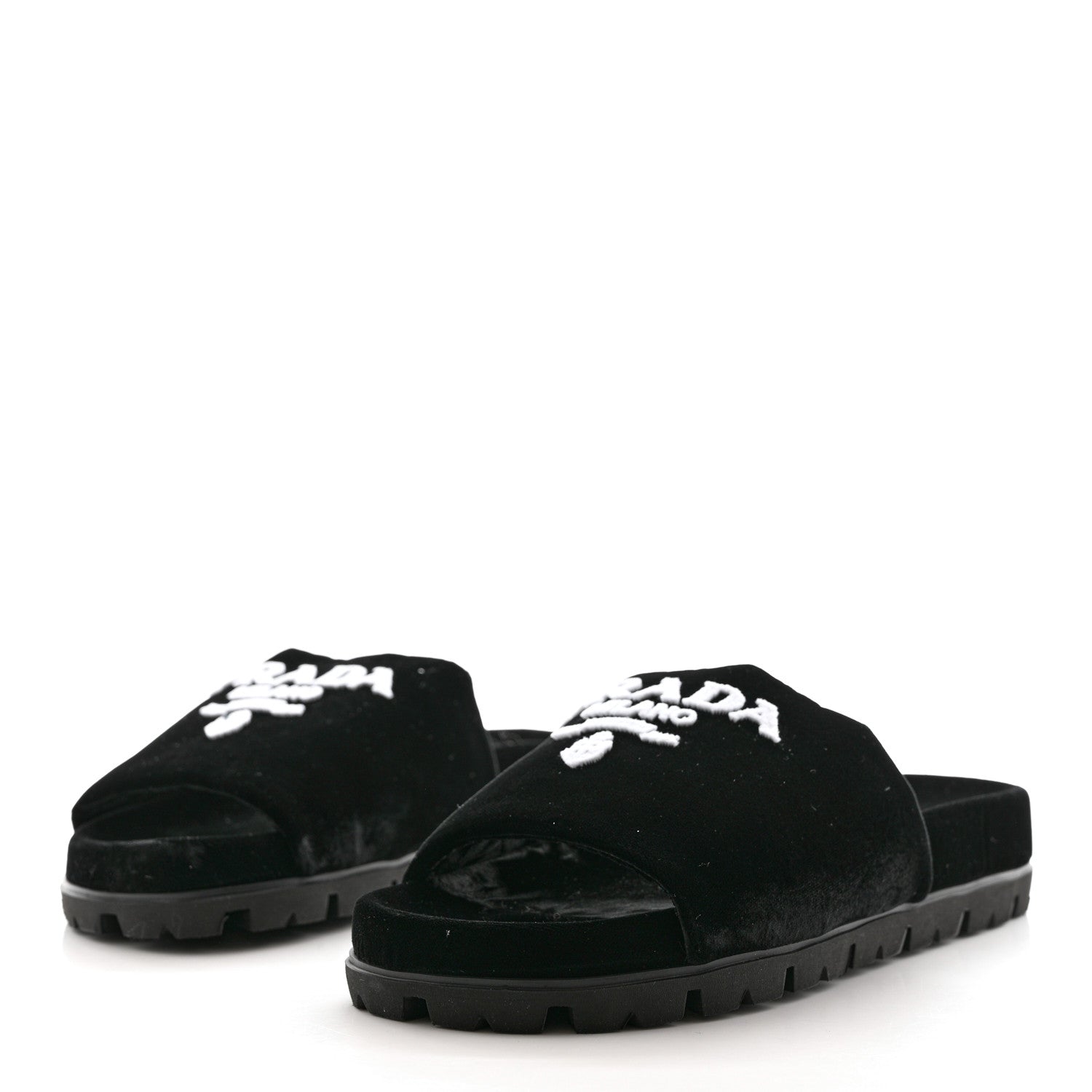 Prada Velvet Logo Lug Sole 20mm Slide Sandals 38 Black 3 of 9