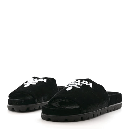 Prada Velvet Logo Lug Sole 20mm Slide Sandals 38 Black 3 of 9
