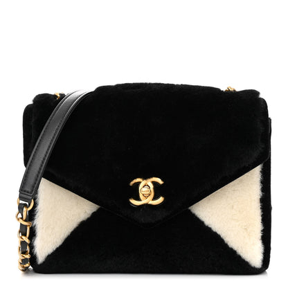 Chanel Shearling Checkered Flap Bag Black White 1 of 11