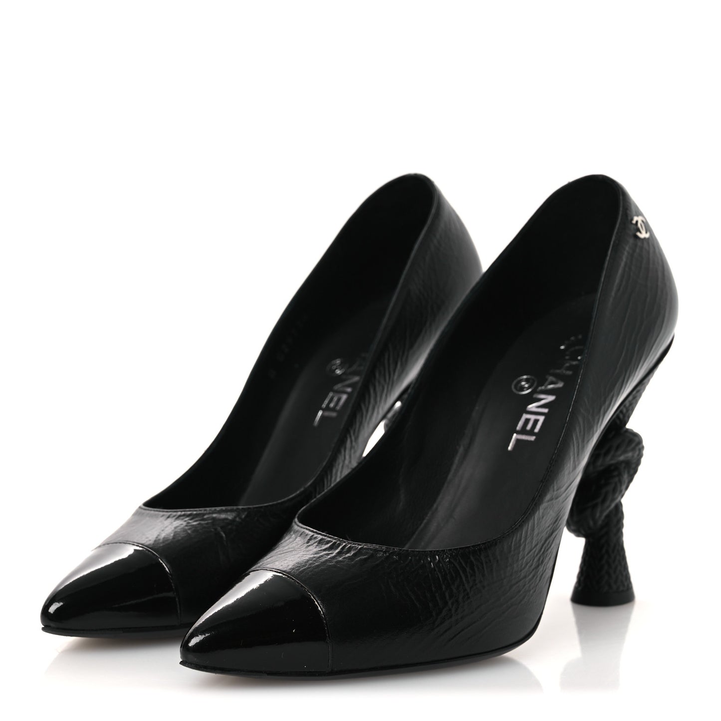 Crumpled Calfskin Knotted Heel Cap Toe Pumps 39.5 Black