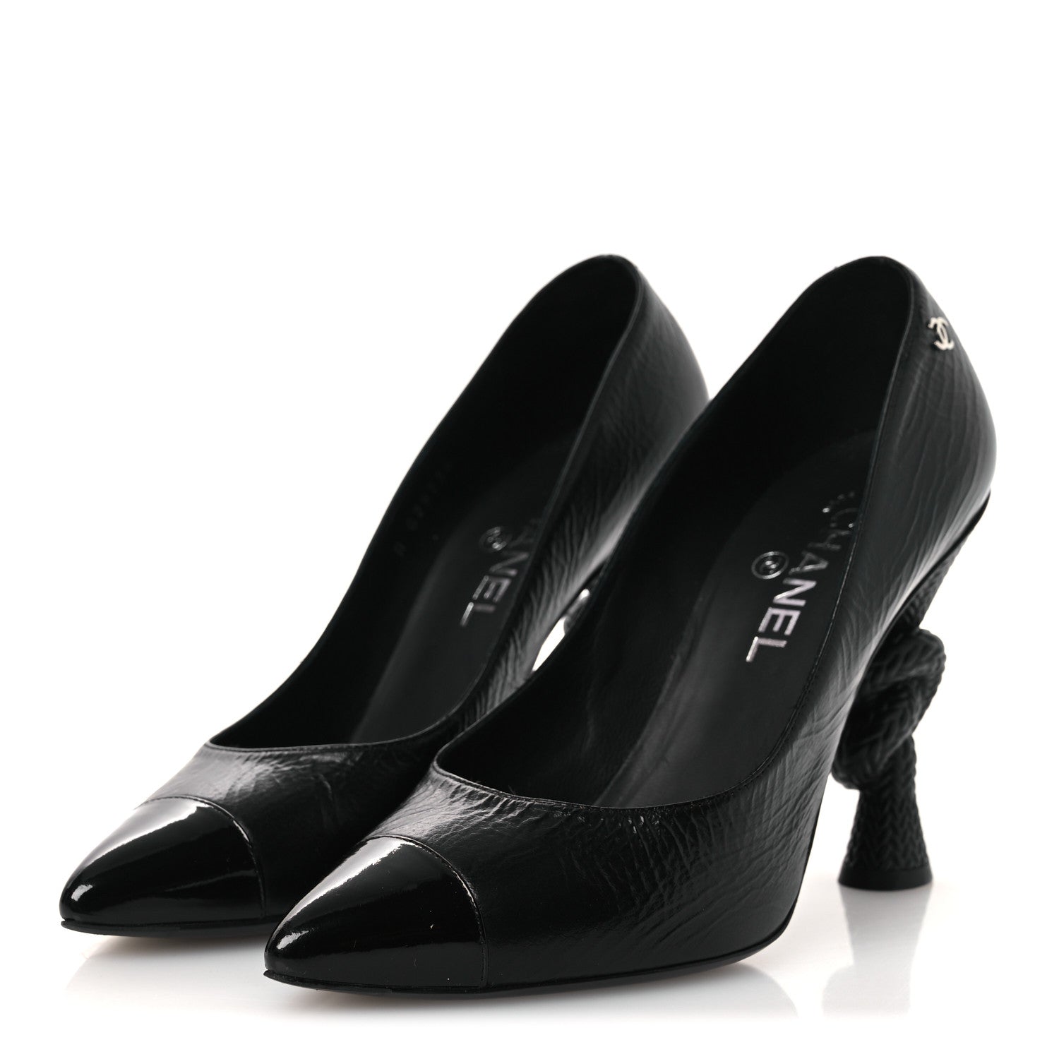 Chanel Crumpled Calfskin Knotted Heel Cap Toe Pumps 39.5 Black 4 of 14