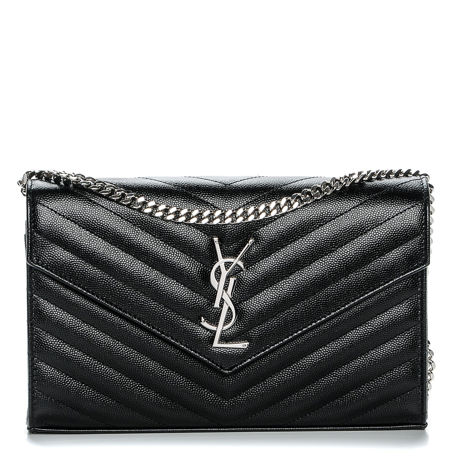 Saint Laurent Grain De Poudre Matelasse Chevron Monogram Chain Wallet Black 1 of 5