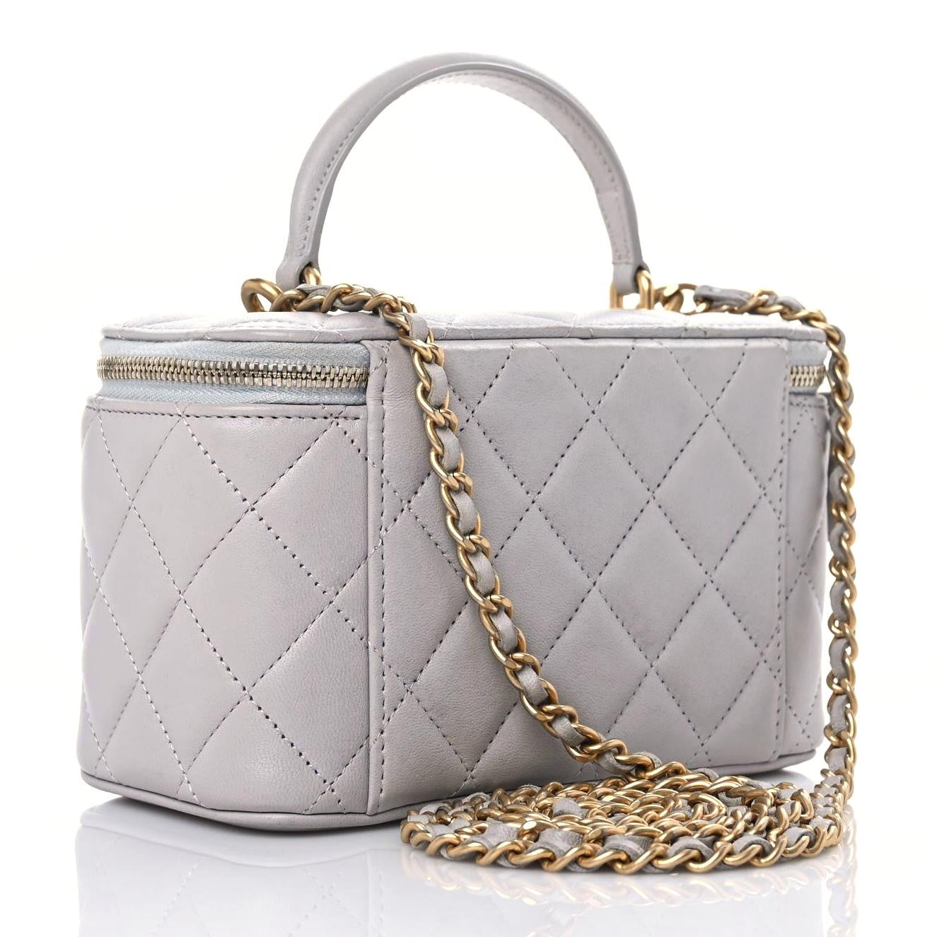 Lambskin Quilted Small Top Handle Vanity Case With Chain Light Grey