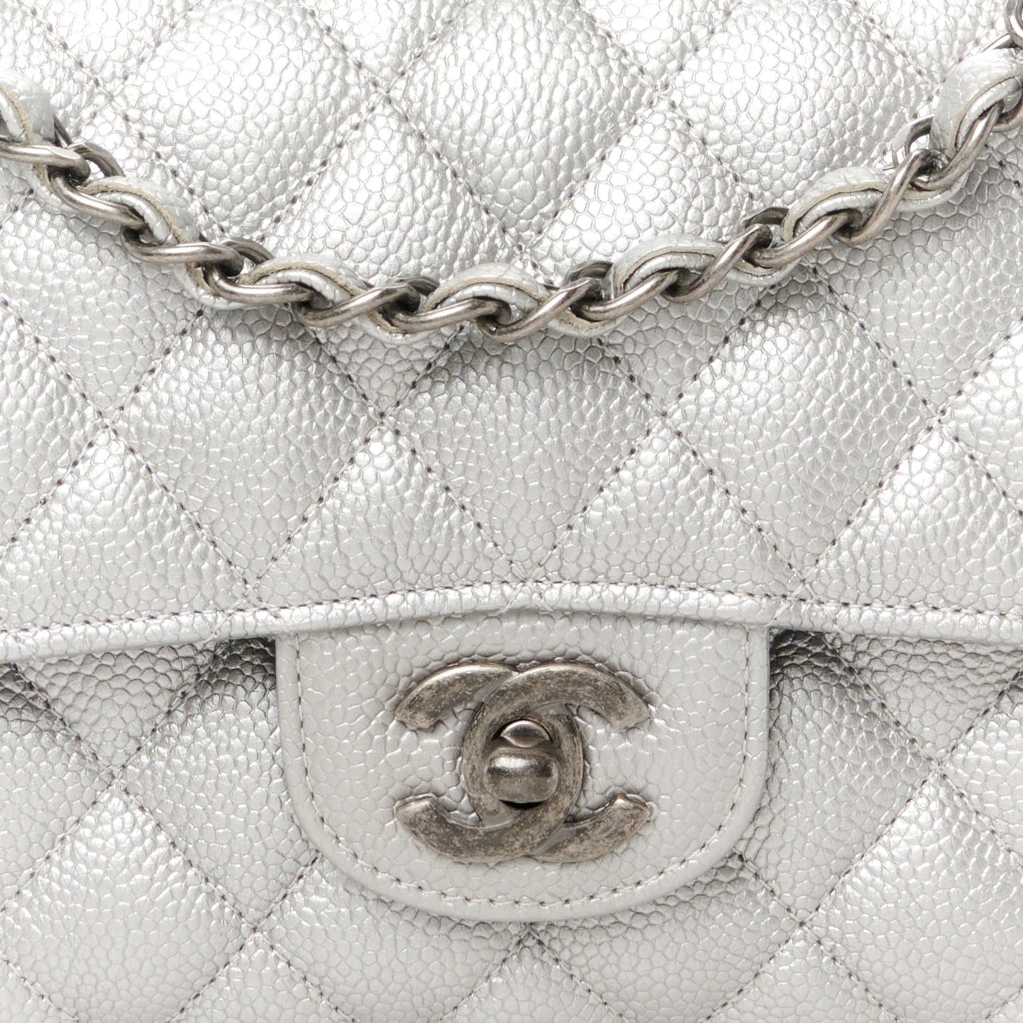 Metallic Caviar Quilted Medium Double Flap Silver