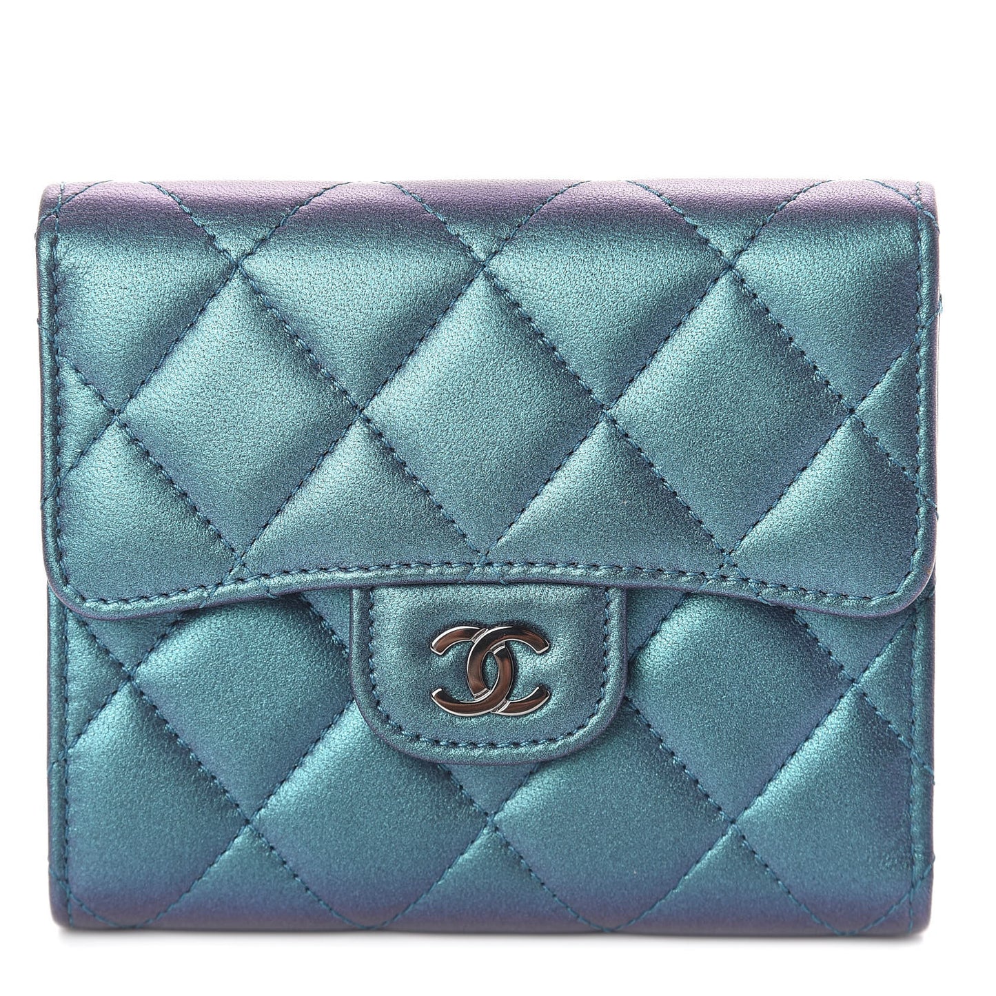 Iridescent Lambskin Quilted Small Compact Wallet Turquoise