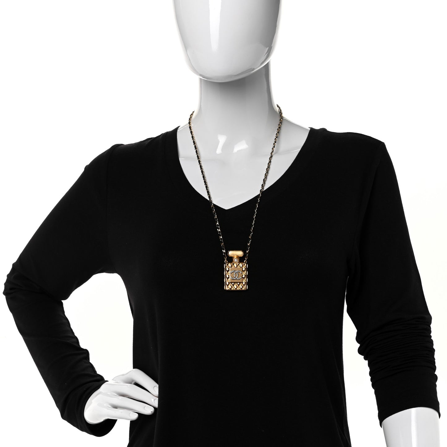Crystal Pearl Perfume Bottle CC Necklace Black Gold