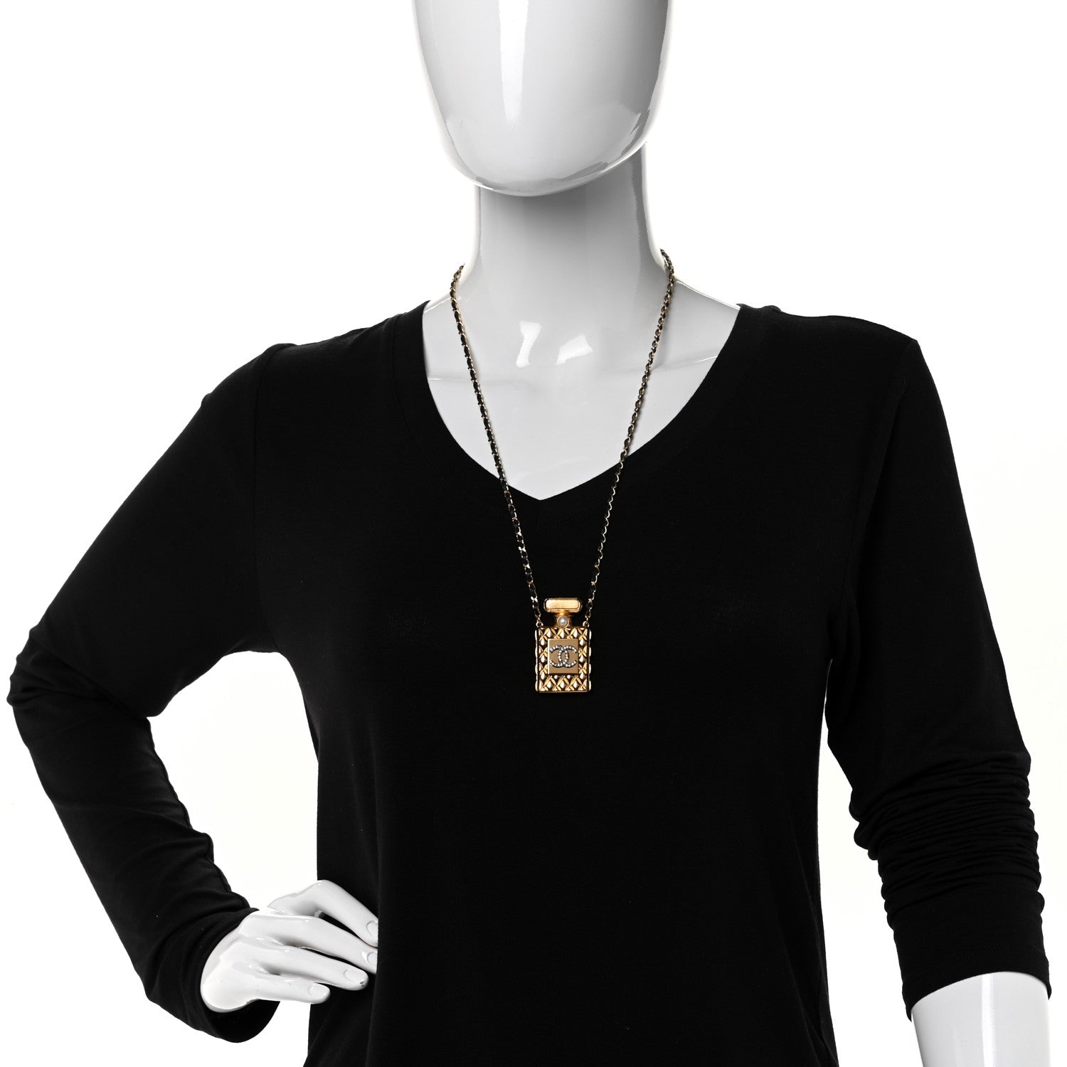 Chanel Crystal Pearl Perfume Bottle CC Necklace Black Gold 2 of 4
