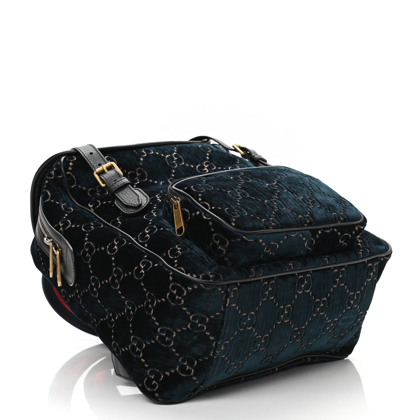 Velvet GG Monogram Textured Calfskin Web Small Double Buckle Backpack Blue Beige Black