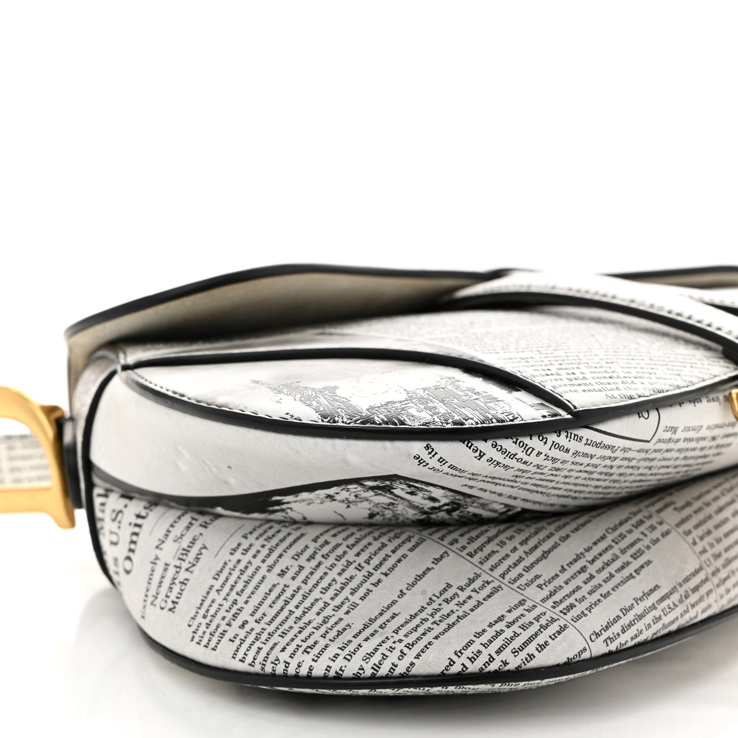 Calfskin Newspaper Printed Saddle Bag With Strap Black White